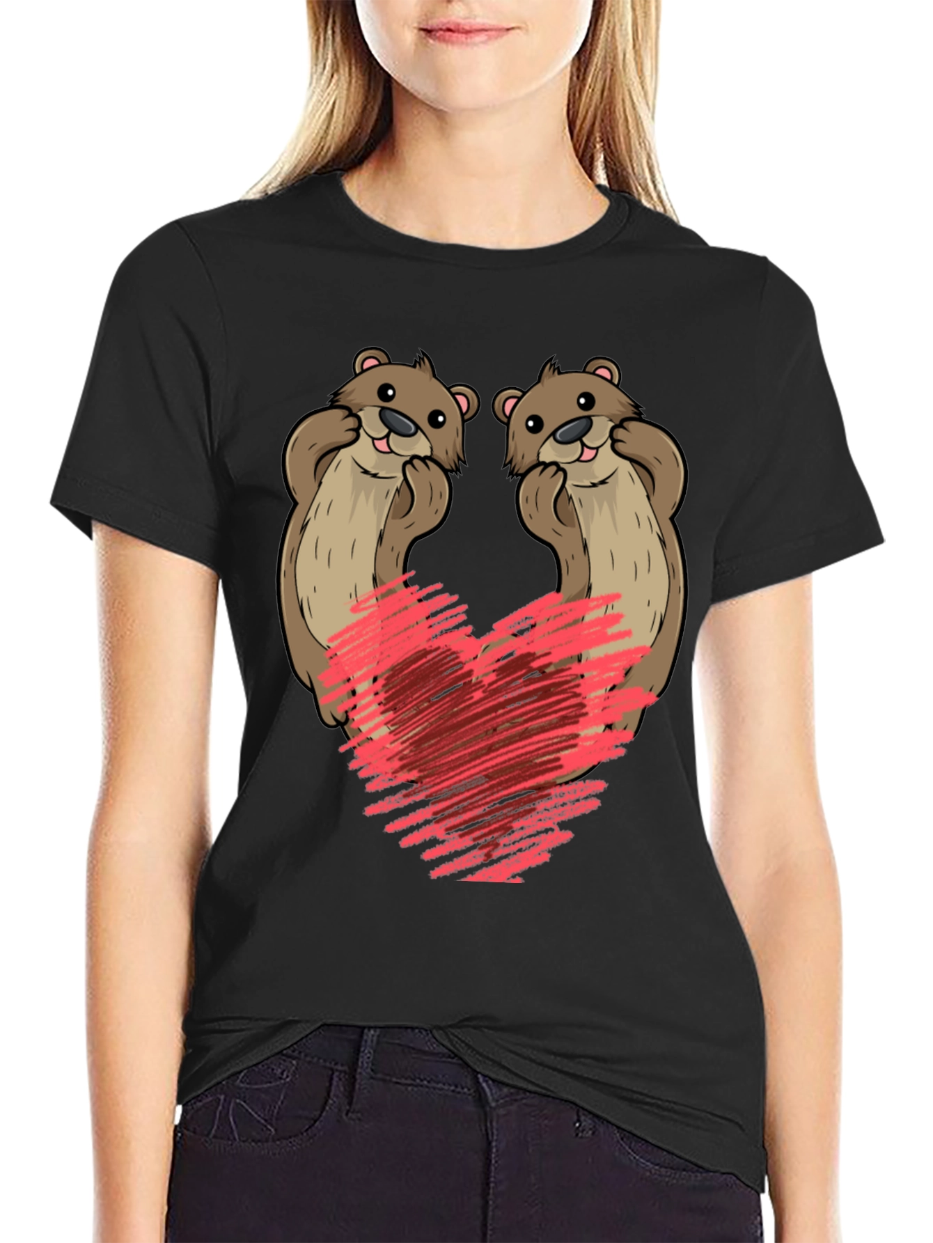 Black Cute Otter Heart T-Shirt view 2