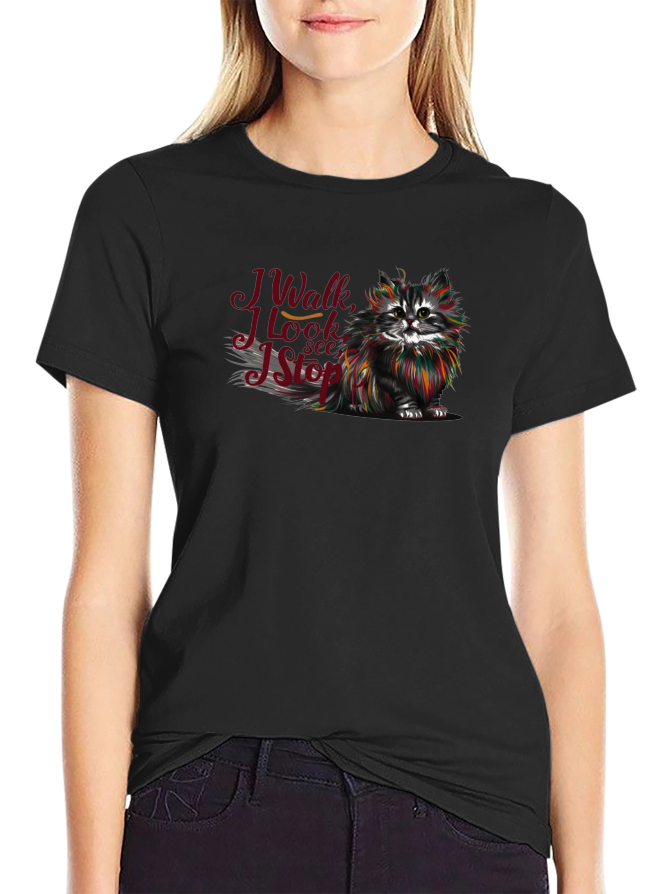 Black Cat Lover T-Shirt - I Walk I Look I See I Stop view 2