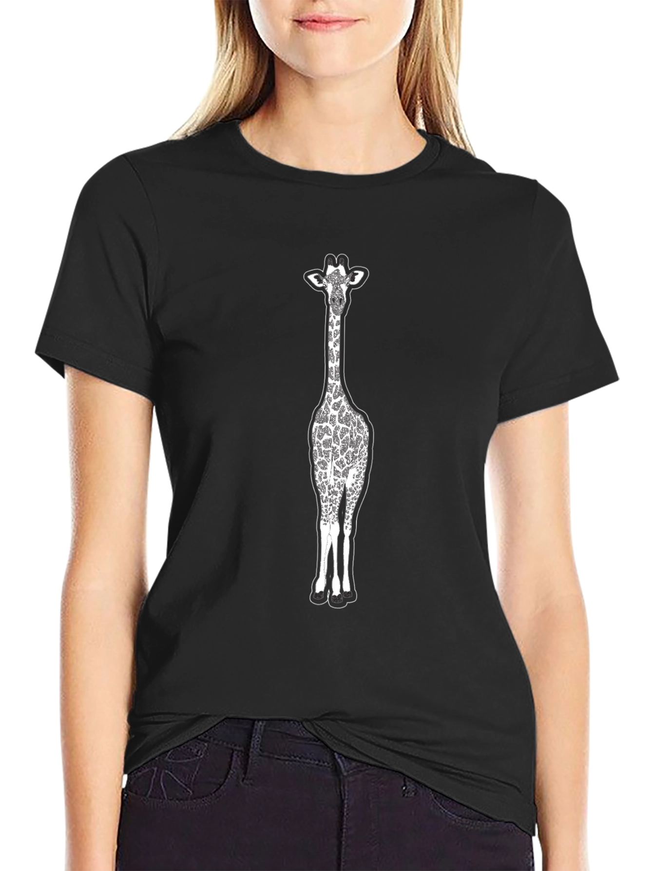 Black Giraffe Graphic Black Cotton T-Shirt view 2