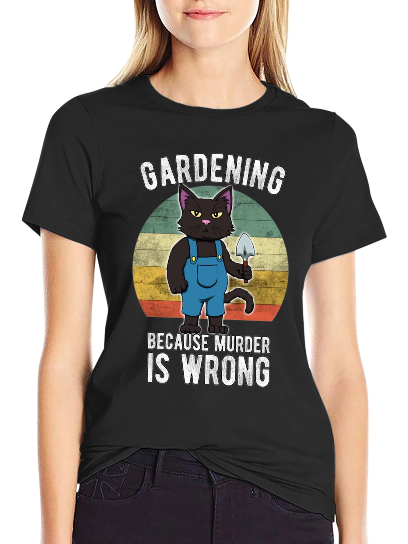 Black Gardening Cat T-Shirt - Murder Is Wrong view 2