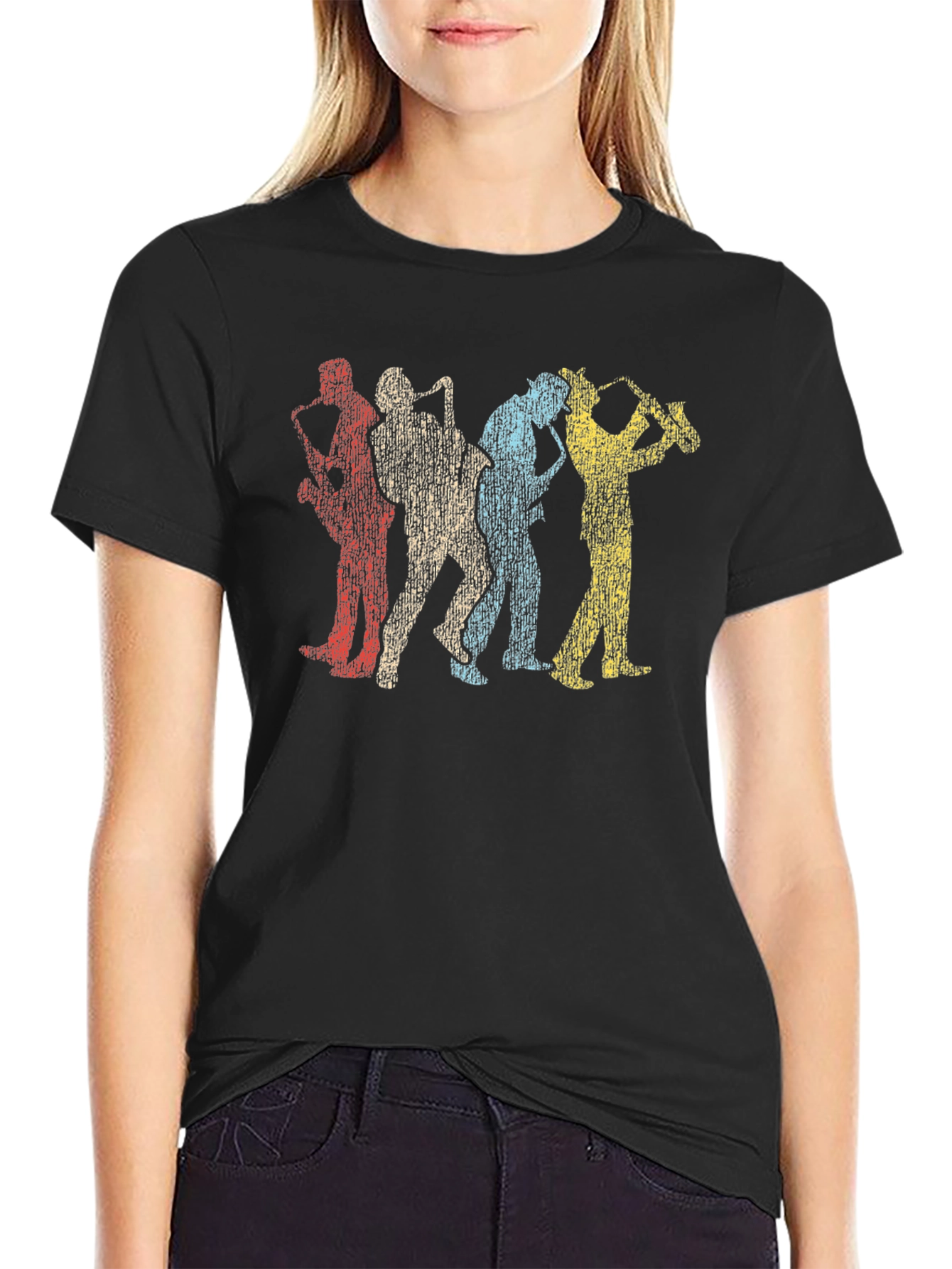Black Retro Saxophone Player Black T-Shirt view 2