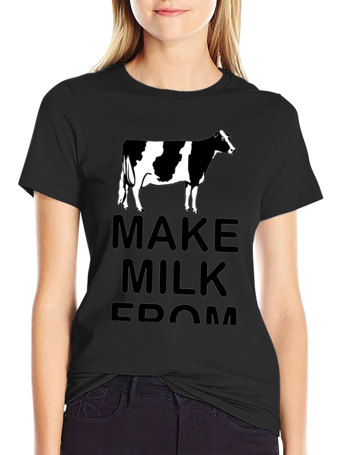 Black Make Milk From Cow T-Shirt - Black Cotton Tee view 2