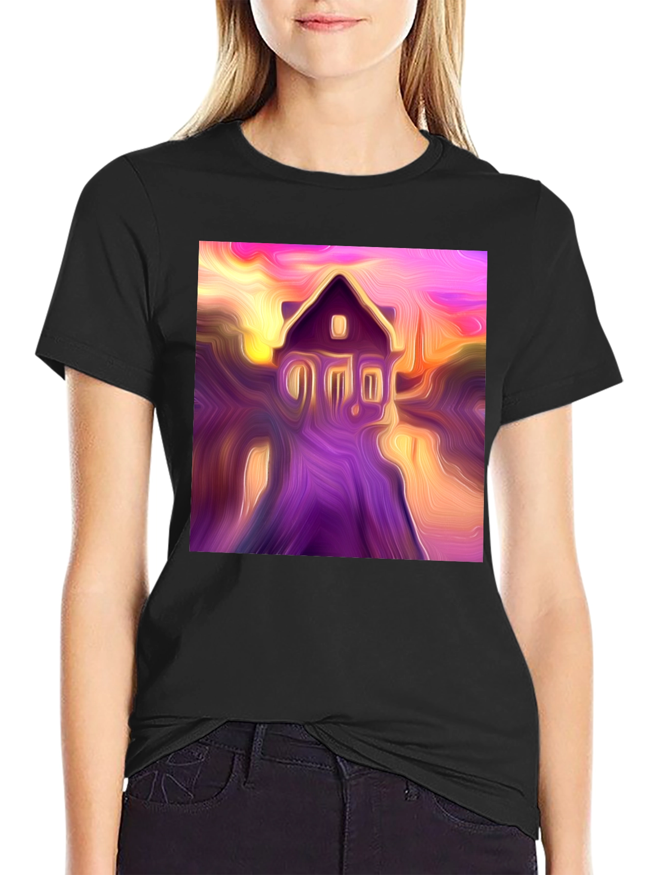 Black Abstract House Graphic Tee - Soft Black Cotton Shirt view 2