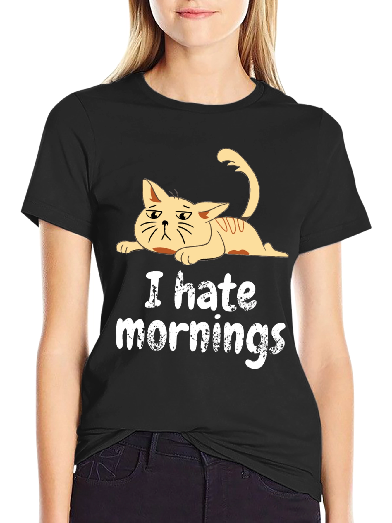 Black I Hate Mornings Cat T-Shirt - Black Cotton Tee view 2