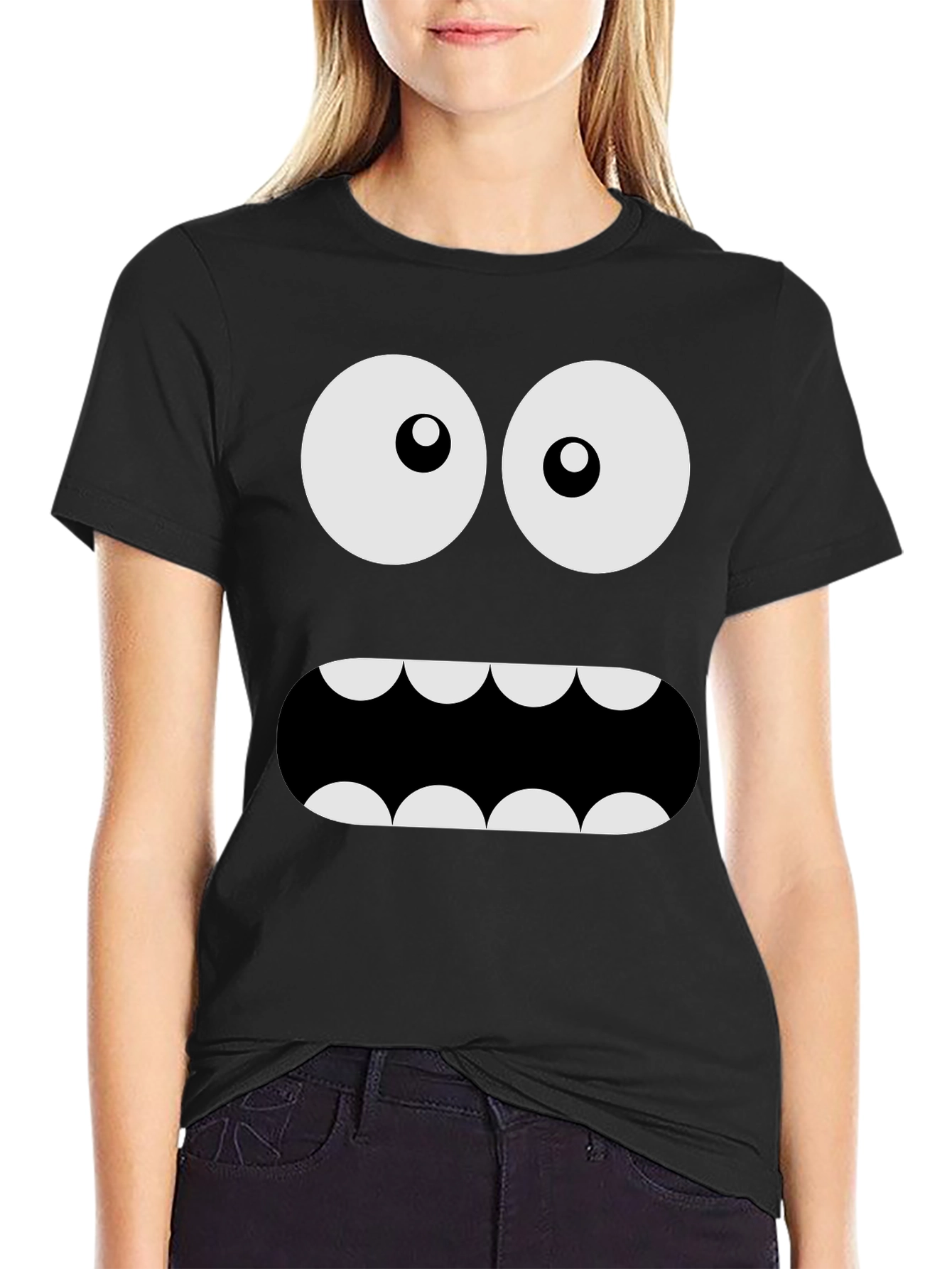 Black Funny Monster Face Graphic Tee - Black Crew Neck T-Shirt view 2