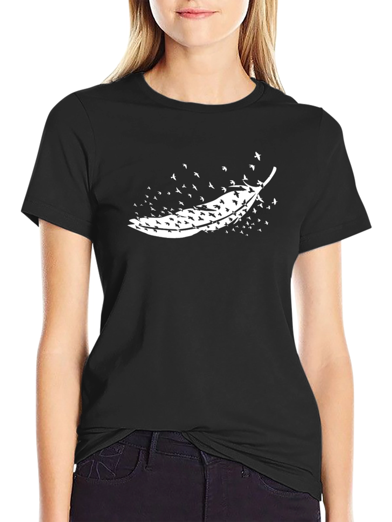 Black Feather Birds Graphic T-Shirt - Black view 2