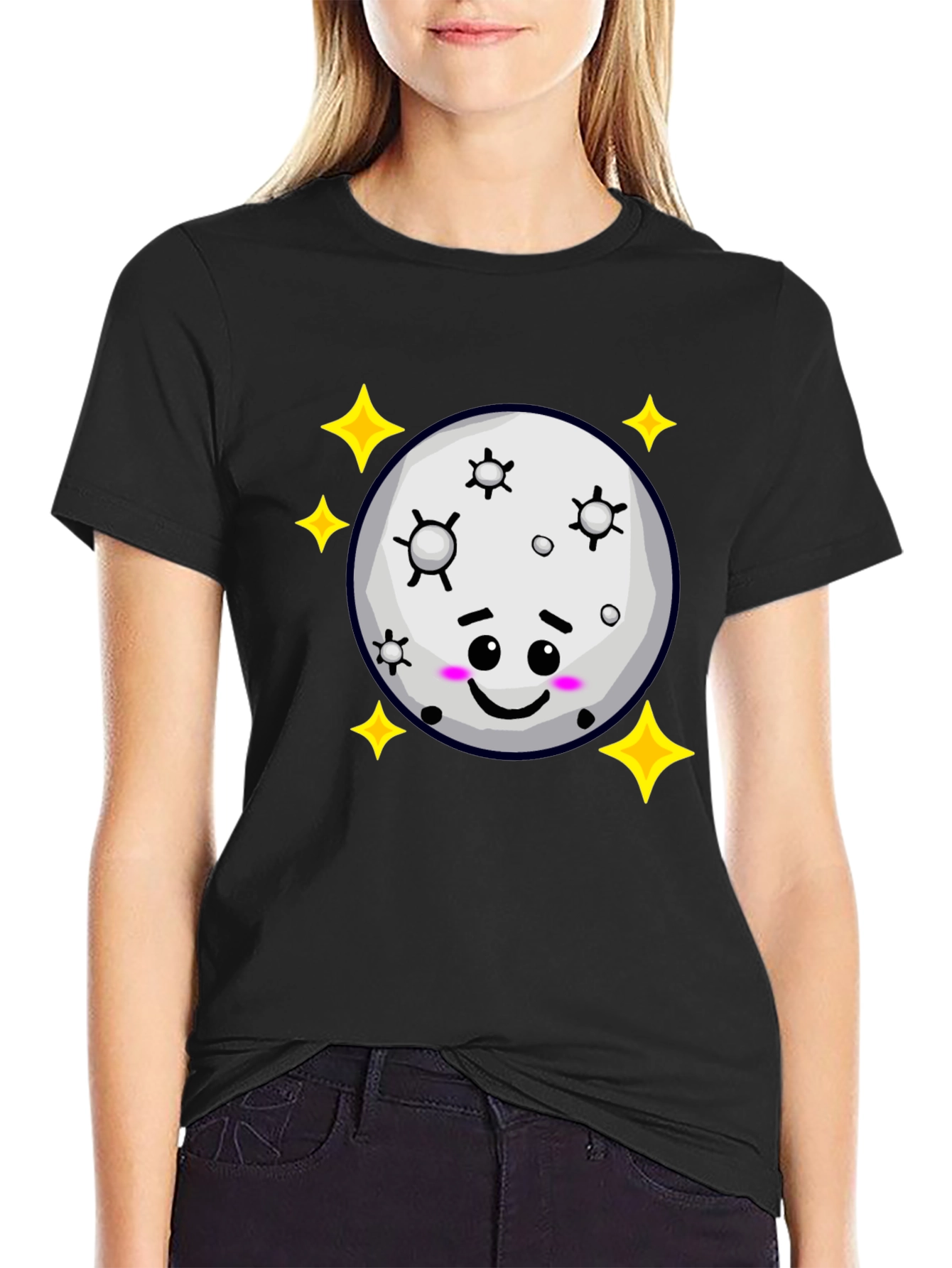 Black Cute Moon & Stars Black T-Shirt - Adorable Kawaii Design view 2