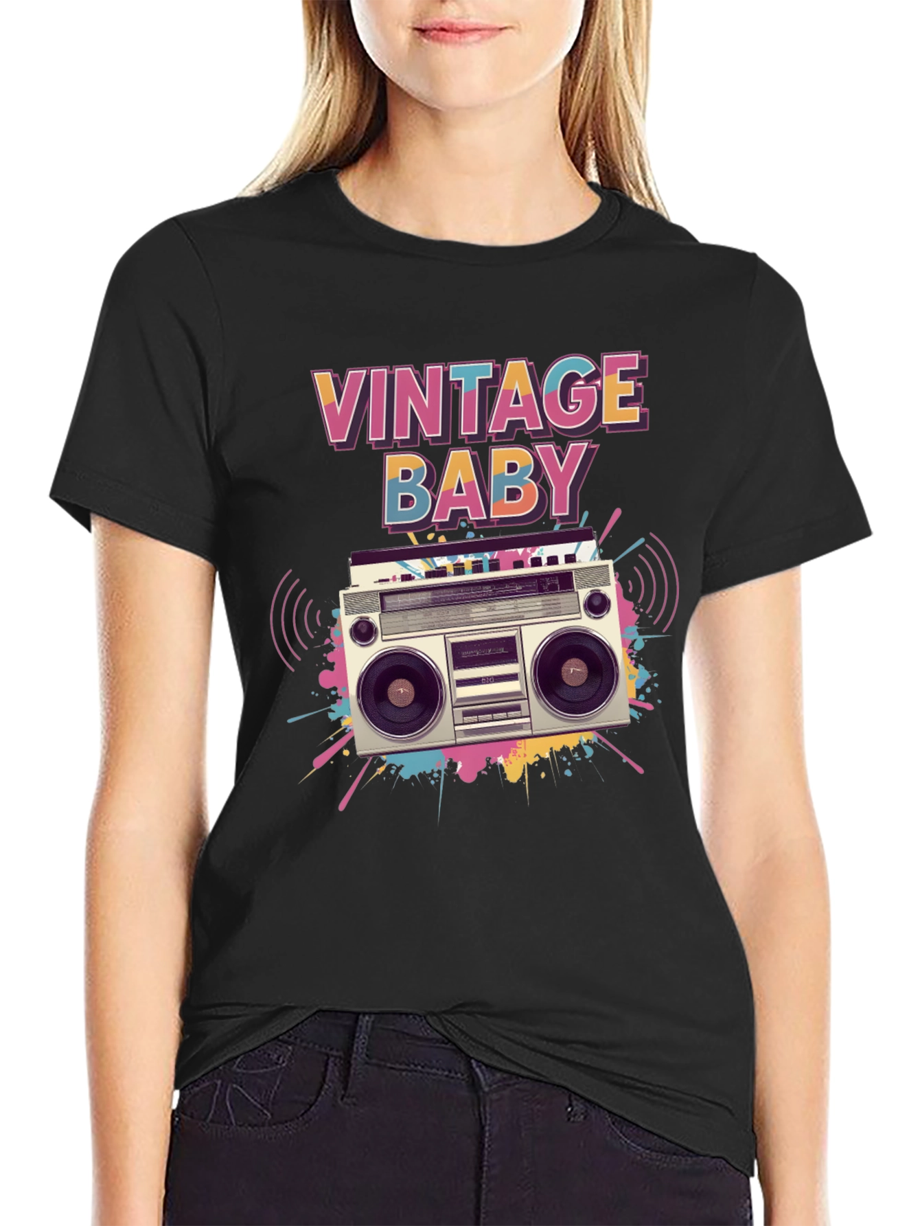 Black Vintage Baby Graphic Tee - Retro Boombox Design view 2