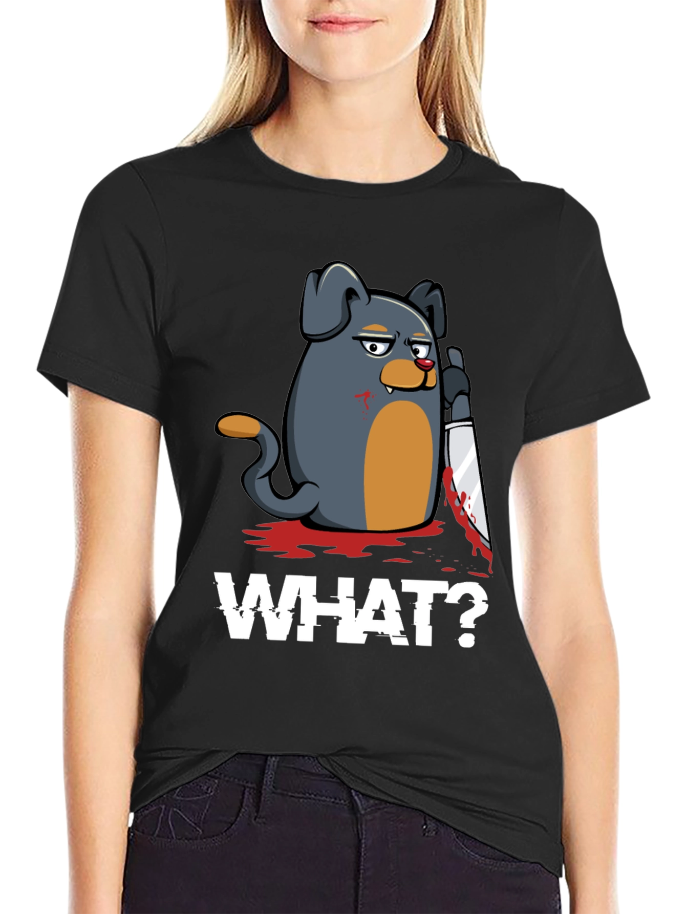 Black Men's 'What?' Dog with Knife Graphic T-Shirt view 2