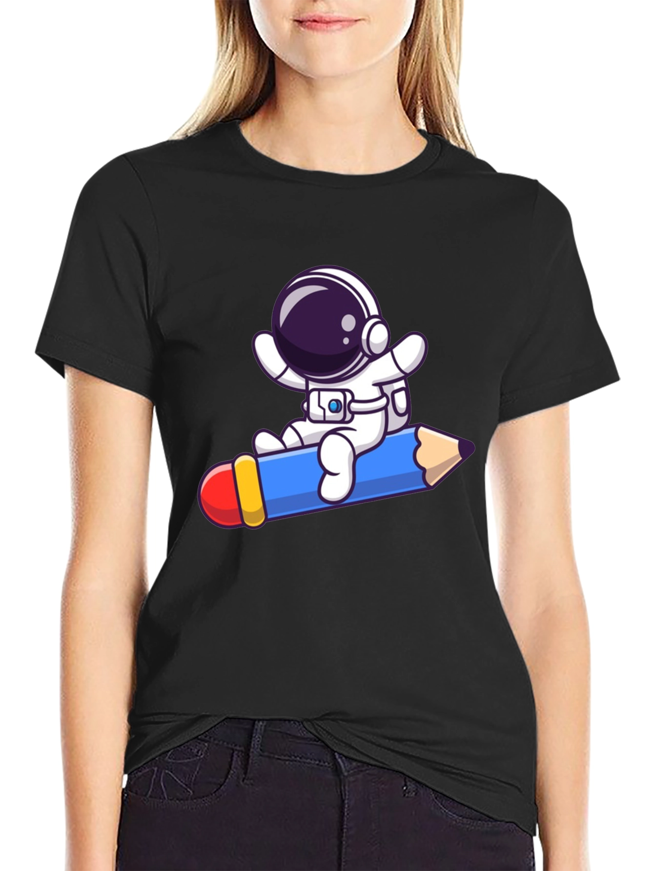 Black Astronaut Pencil Ride T-Shirt - Black Cotton Graphic Tee view 2