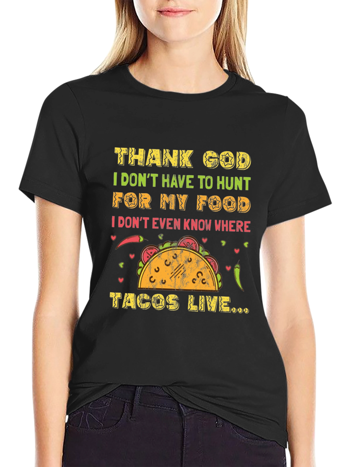 Black Funny Taco T-Shirt - Thank God I Don't Hunt for My Food Tee view 2