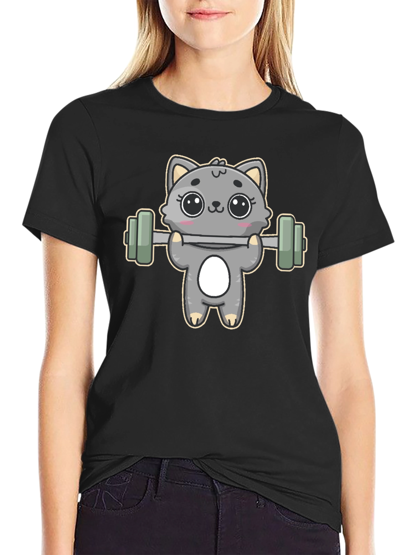 Black Cute Weightlifting Cat T-Shirt view 2