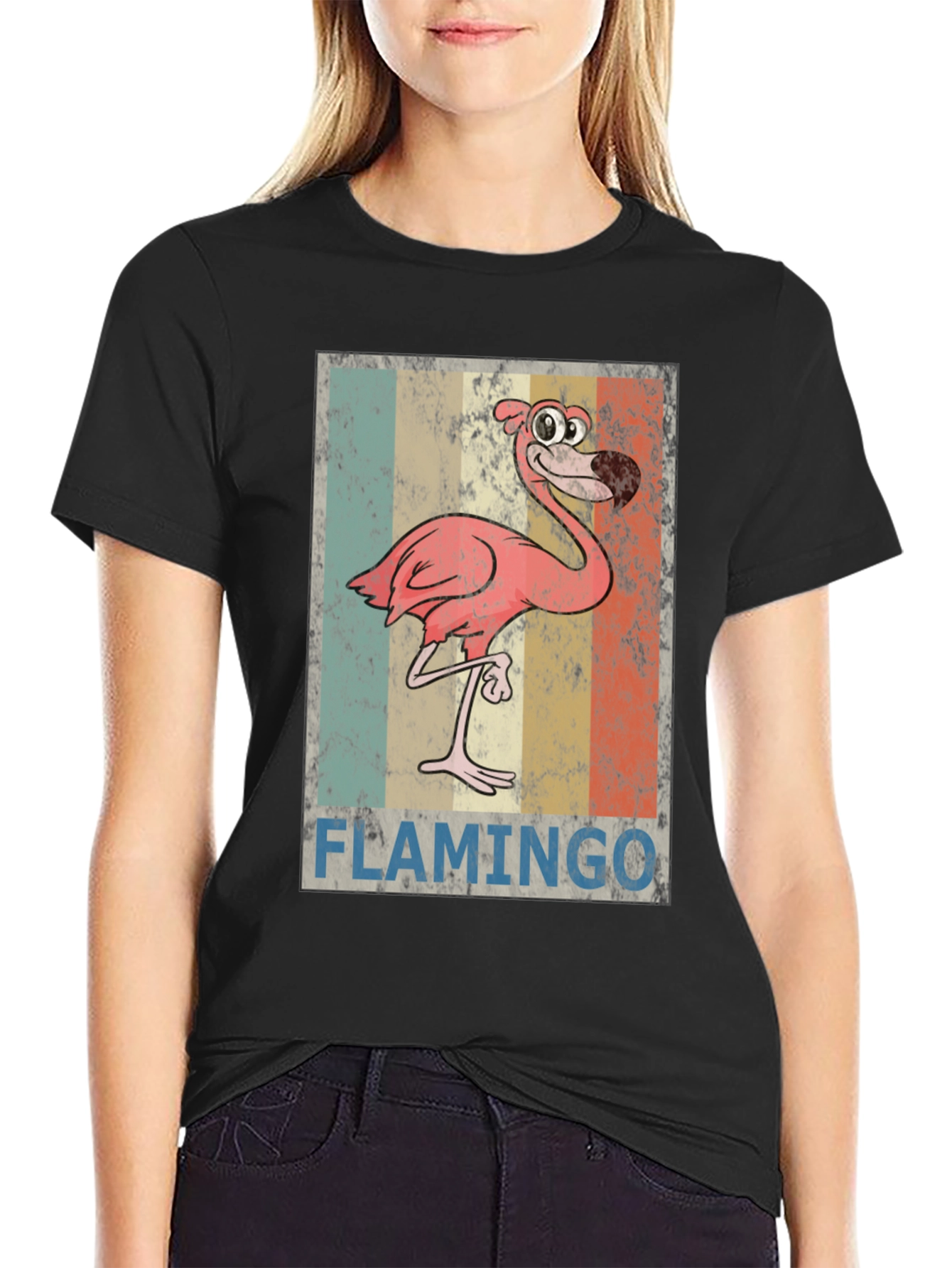 Black Funny Flamingo Graphic Print T-Shirt view 2