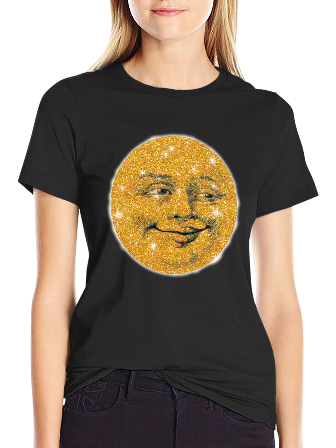 Black Golden Moon Face Graphic Tee - Stylish & Unique view 2