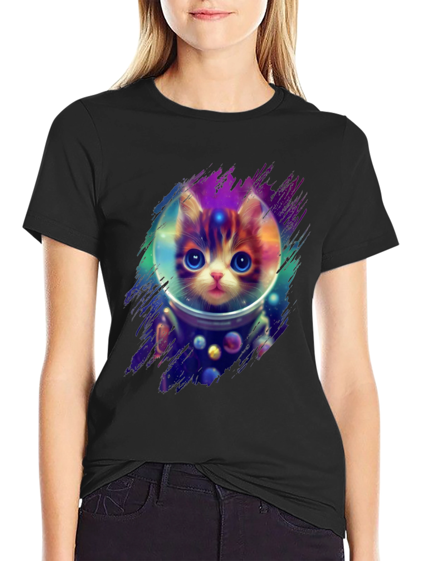 Black Astronaut Cat T-Shirt - Space Kitten Tee view 2