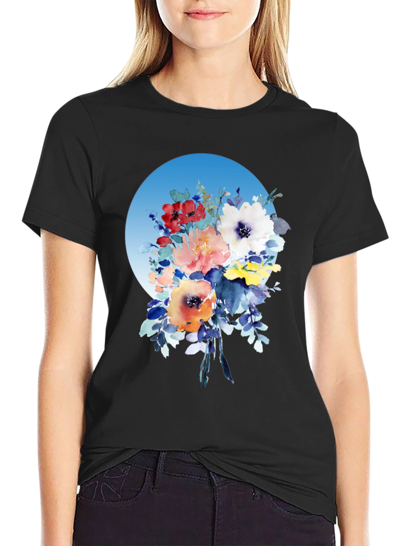 Black Floral Bouquet T-Shirt - Watercolor Design view 2
