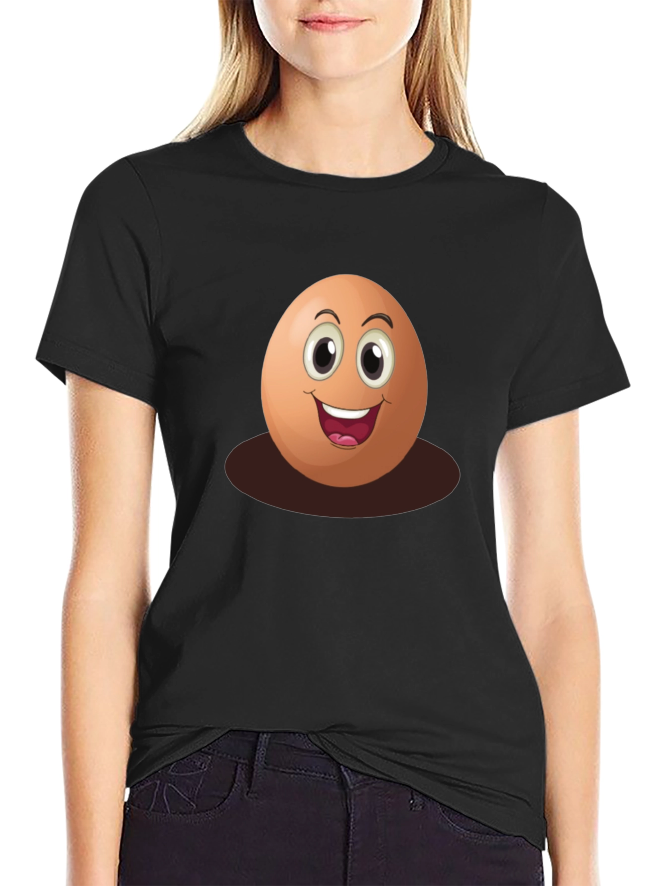 Black Funny Egg Cartoon Graphic T-Shirt view 2