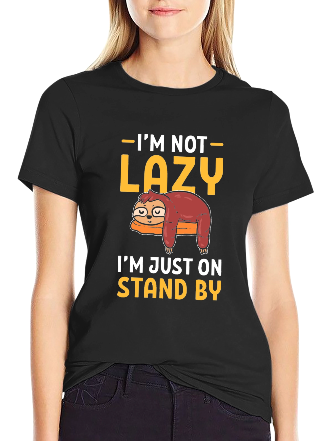 Black Funny Sloth Stand By T-Shirt view 2