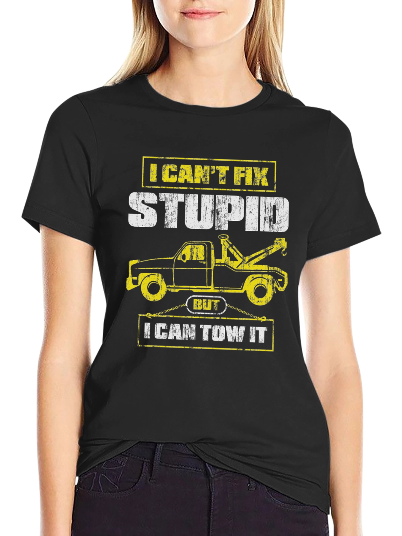 Black Funny Tow Truck Driver T-Shirt - I Can't Fix Stupid view 2