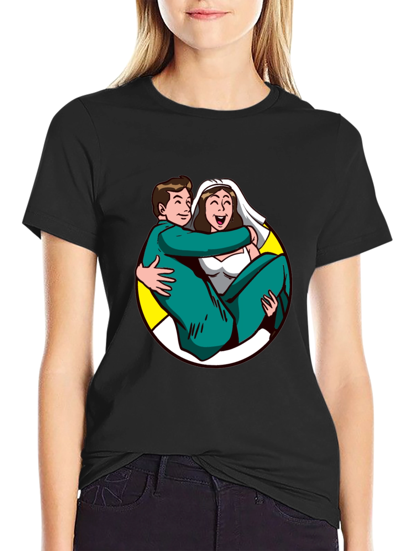 Black Cartoon Bride and Groom Black T-Shirt view 2