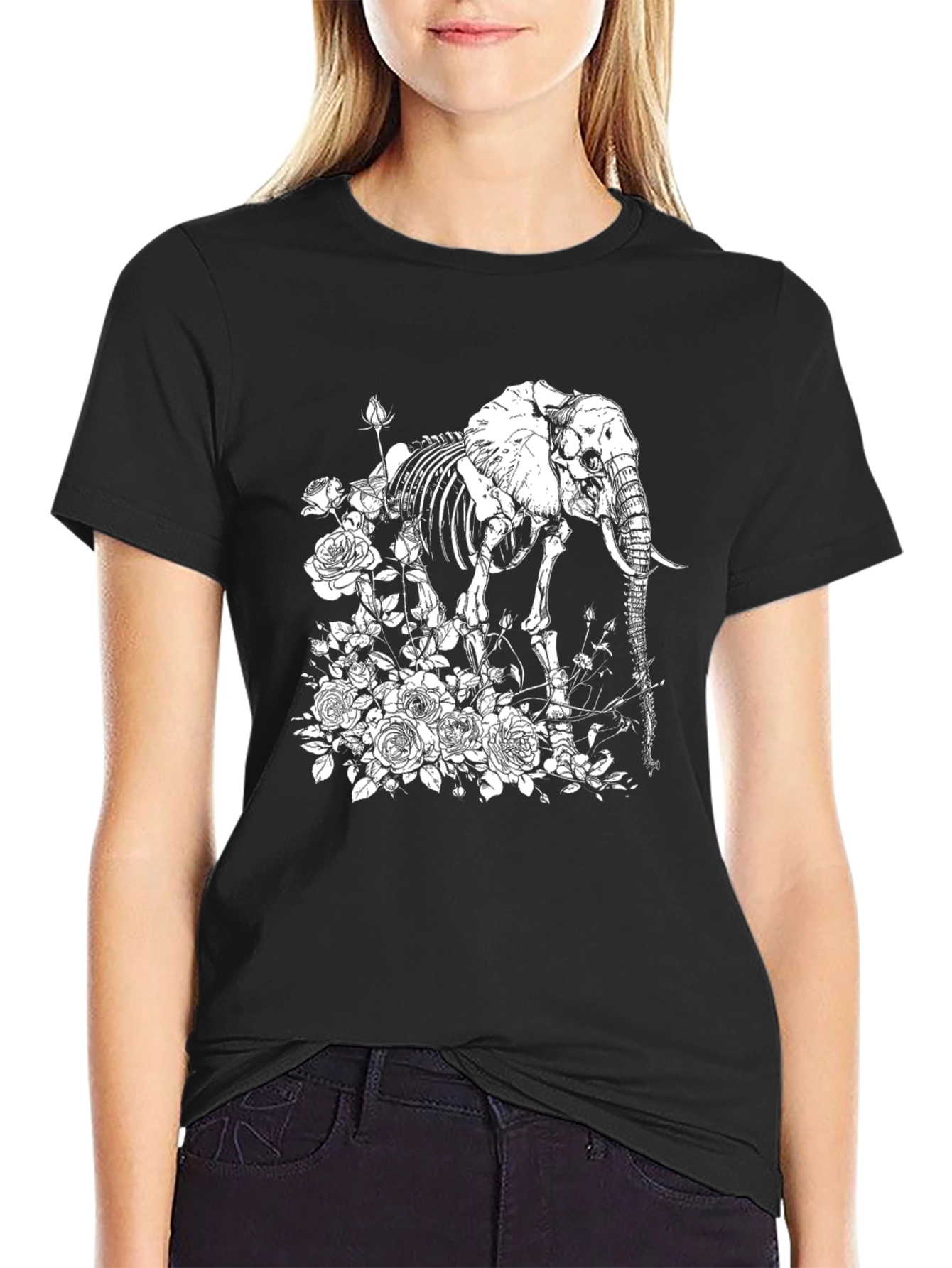 Black Elephant Skeleton & Roses Graphic Tee - Black Cotton T-Shirt view 2