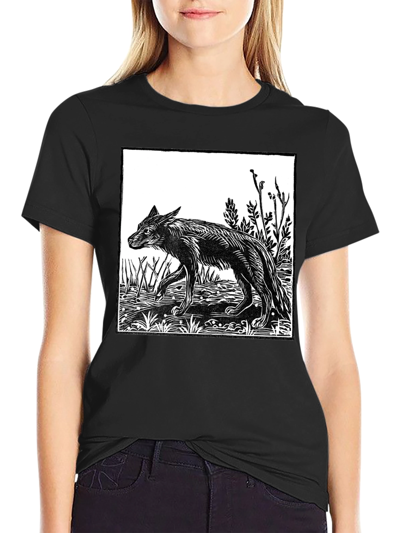 Black Woodcut Wolf Graphic T-Shirt - Black view 2