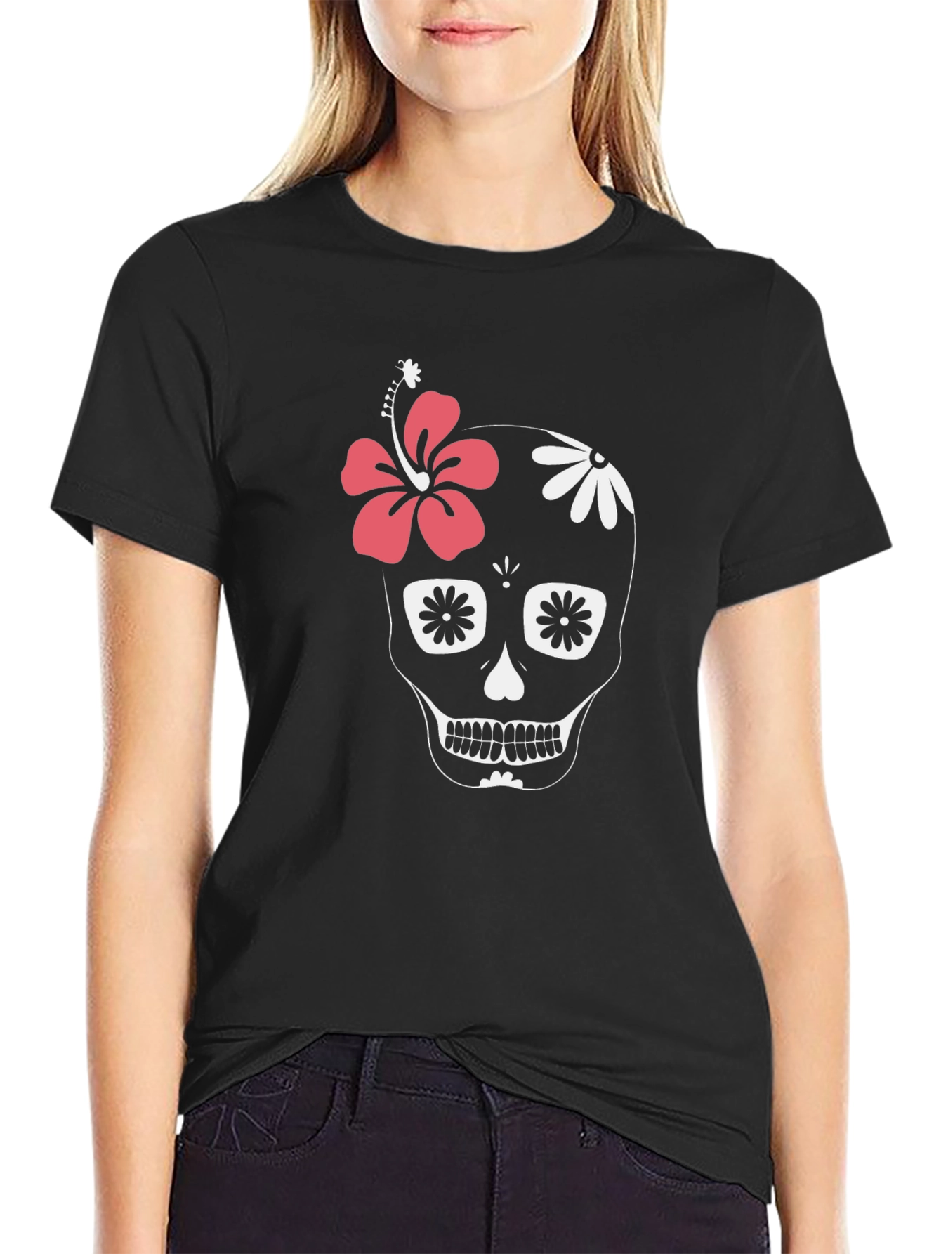 Black Floral Skull Graphic Tee - Black Cotton Casual T-Shirt view 2