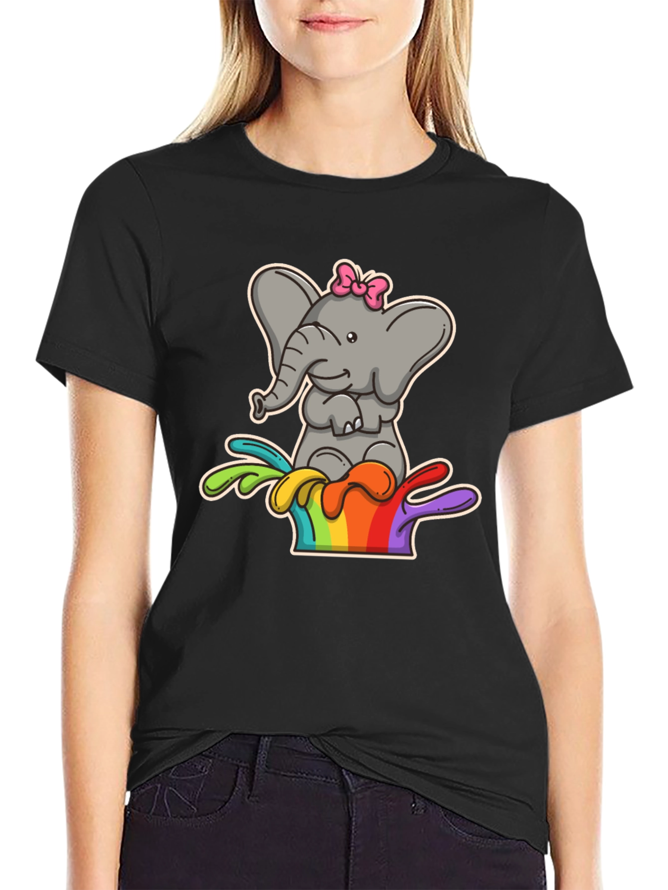 Black Elephant Rainbow Splash Tee - Cute Cartoon Graphic Shirt view 2