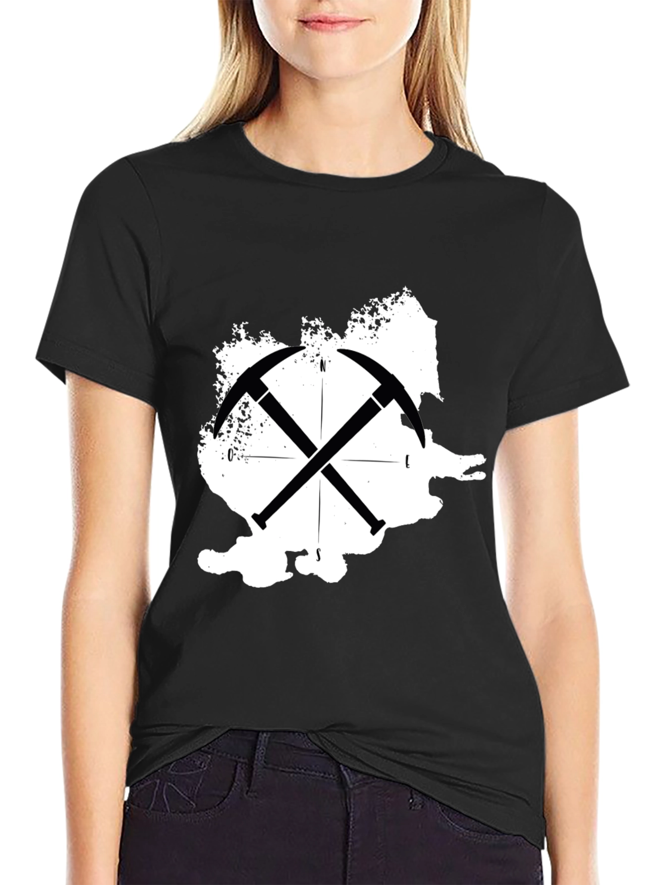 Black Romania Map Crossed Pickaxe T-Shirt view 2