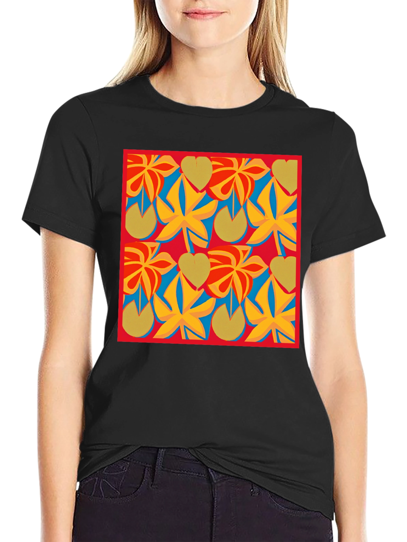 Black Abstract Floral Pattern T-Shirt - Modern Art Tee view 2