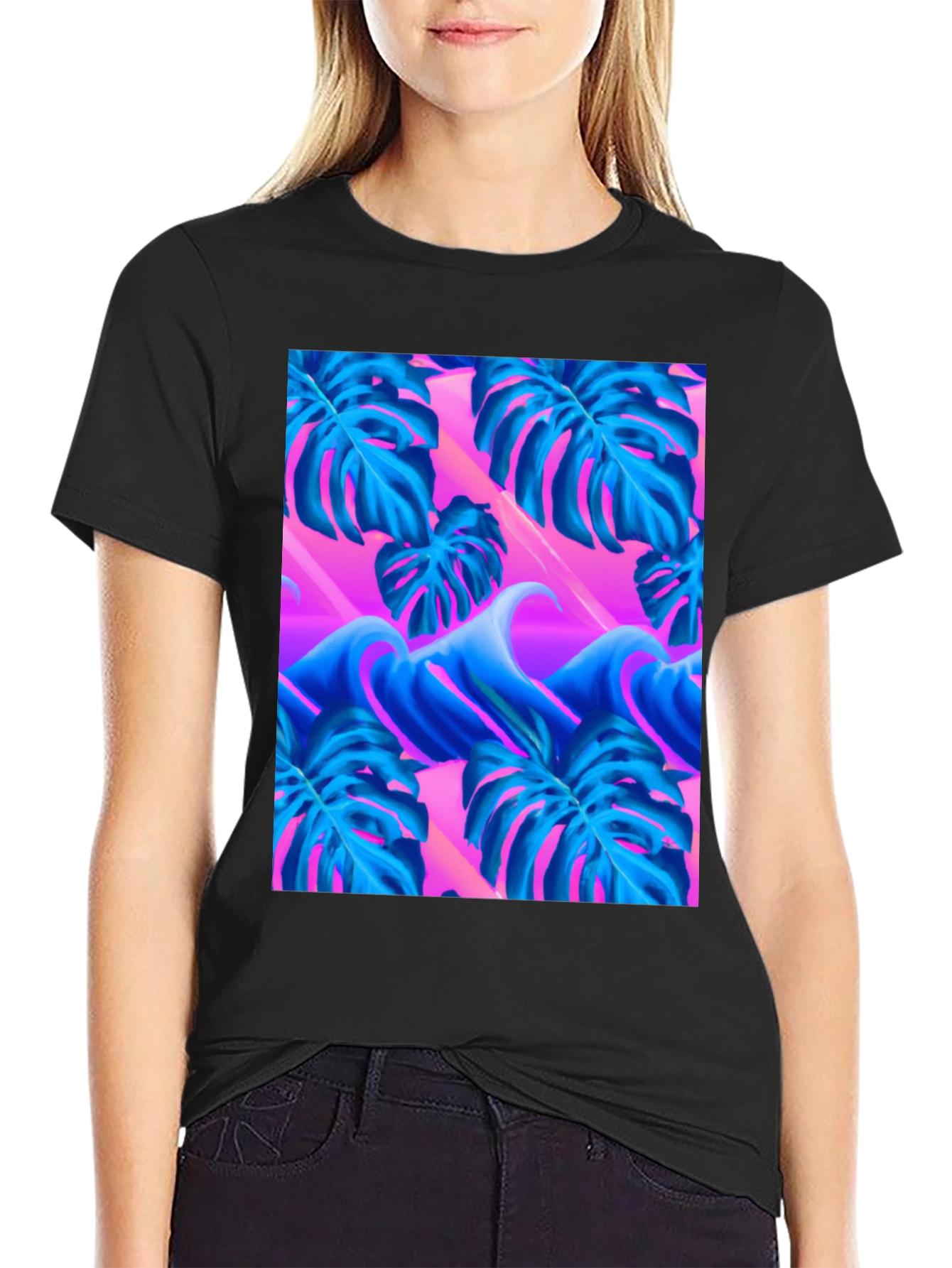 Black Vaporwave Monstera Leaf T-Shirt view 2