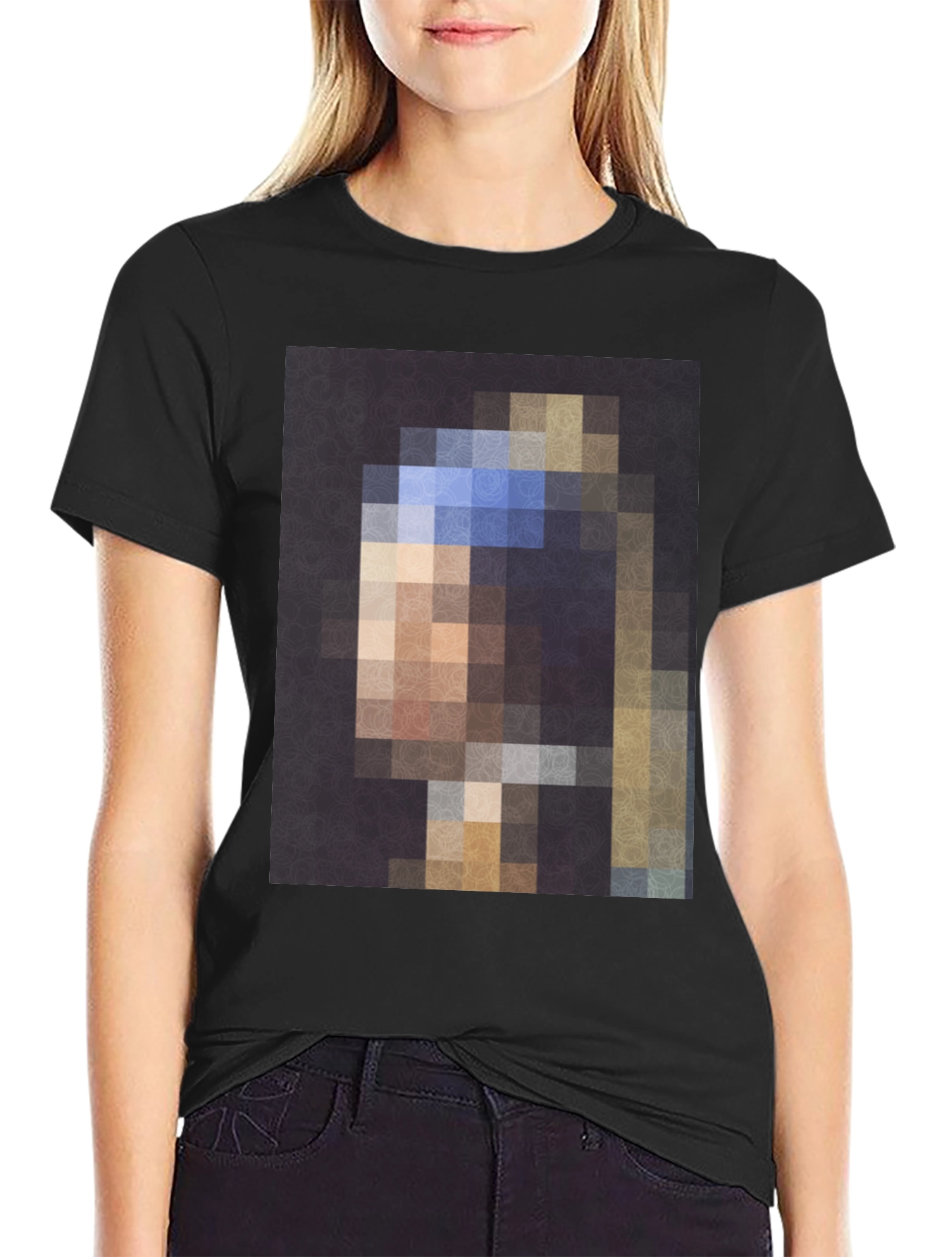 Black Pixelated Girl with a Pearl Earring T-Shirt view 2