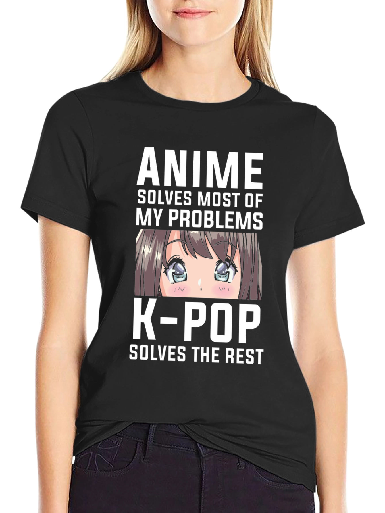 Black Anime & K-Pop Solves My Problems Tee view 2