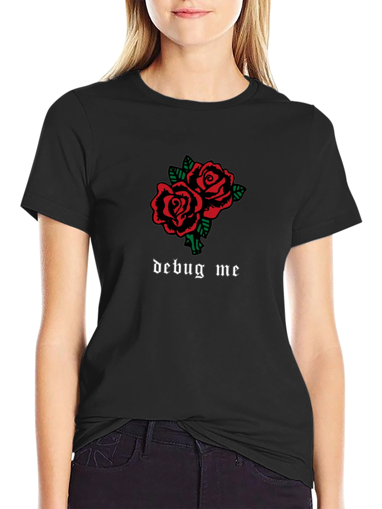 Black Debug Me Rose Graphic Tee - Black Cotton Shirt view 2
