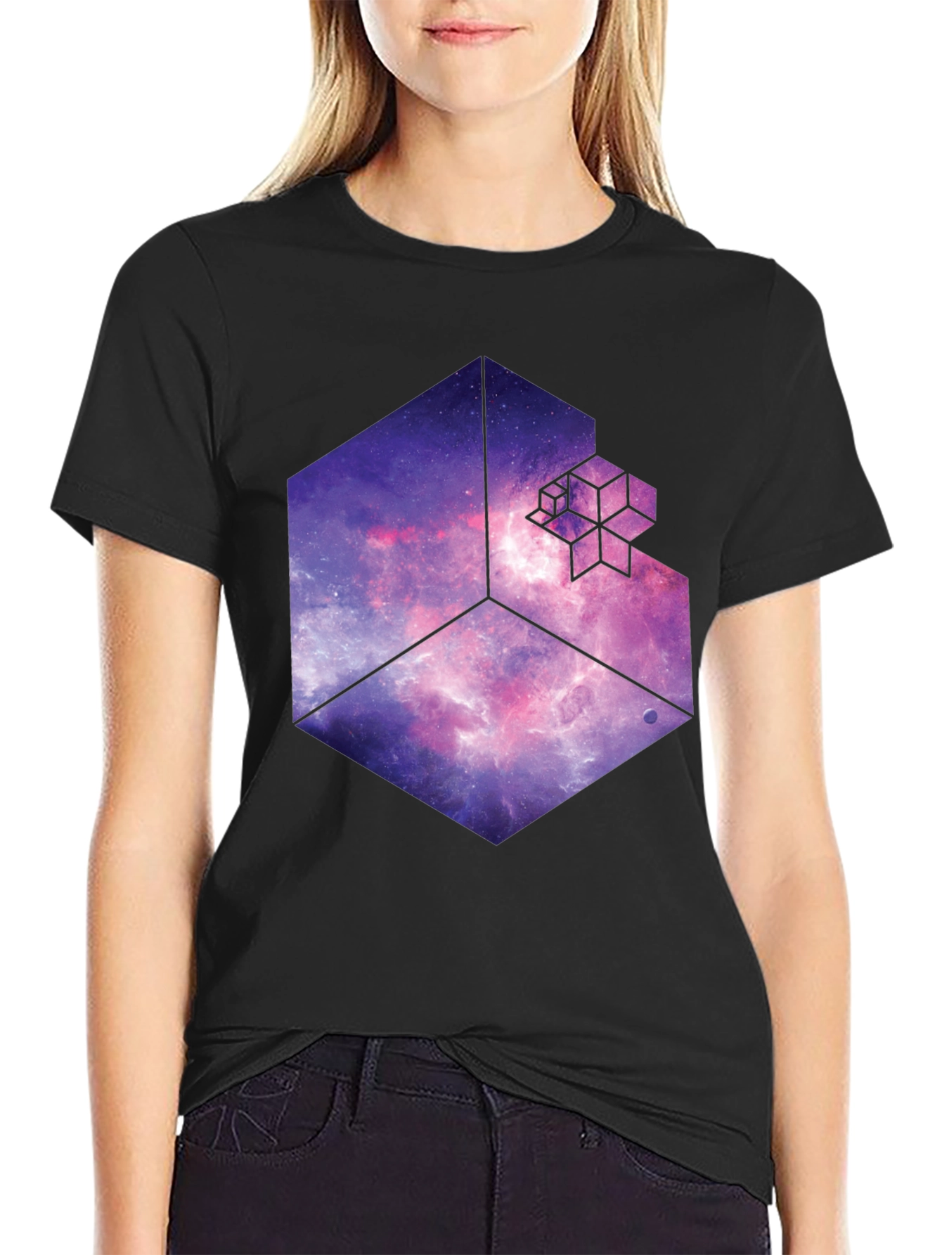 Black Cosmic Cube Black T-Shirt - Galaxy Fractal Design view 2