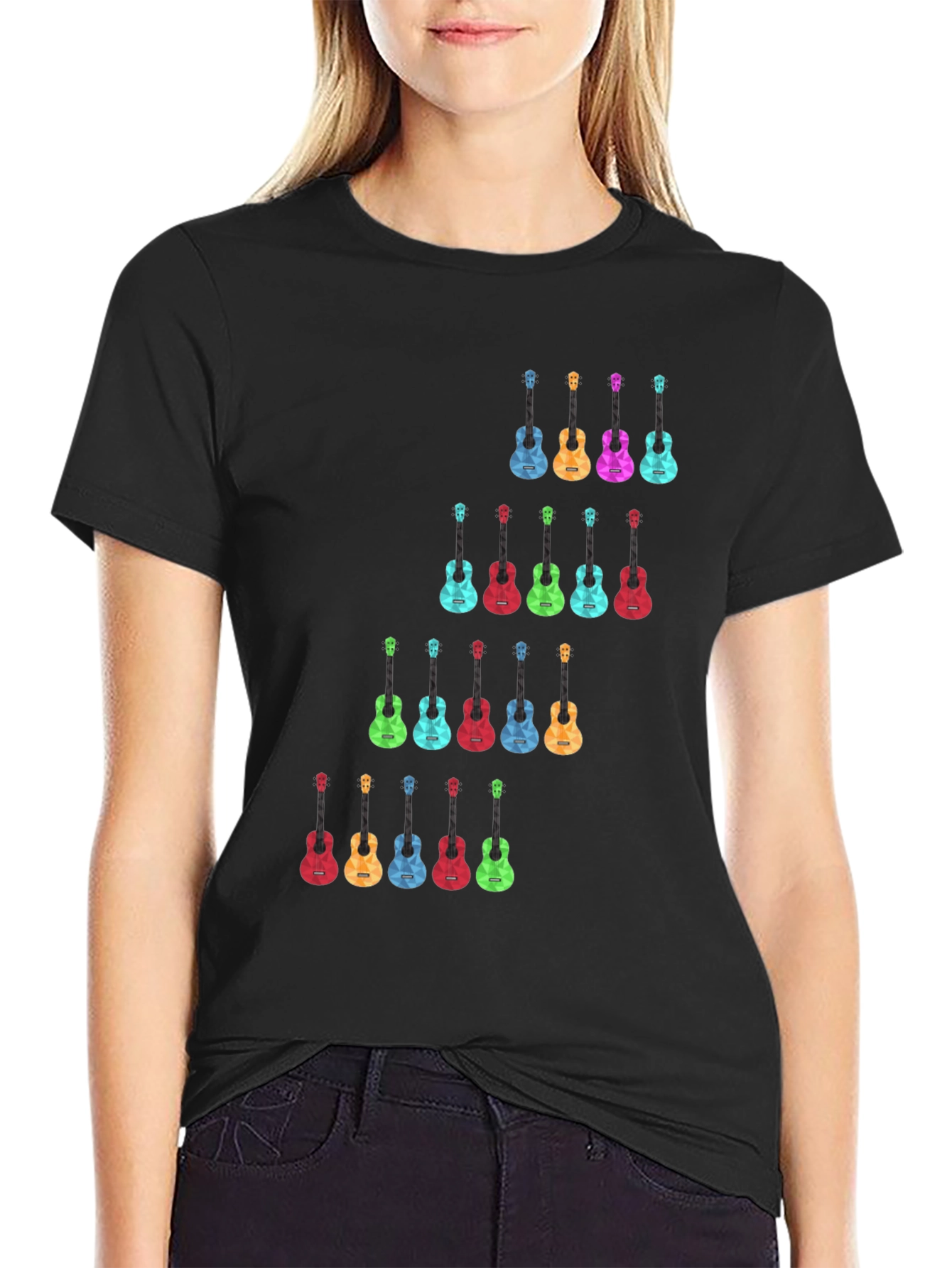 Black Colorful Guitar Pattern Black T-Shirt view 2