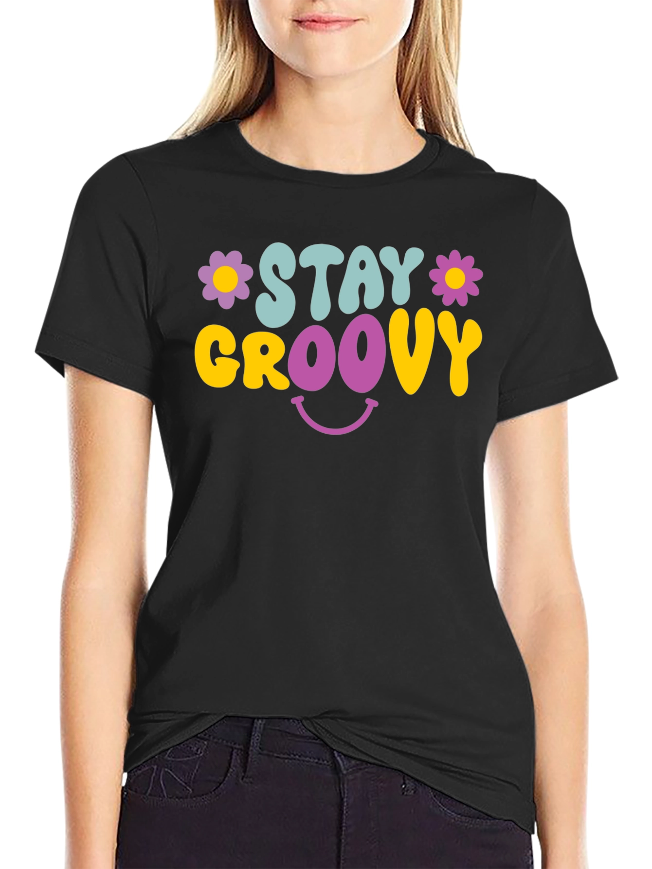 Black Stay Groovy Graphic Tee - Retro Smiley Face T-Shirt view 2