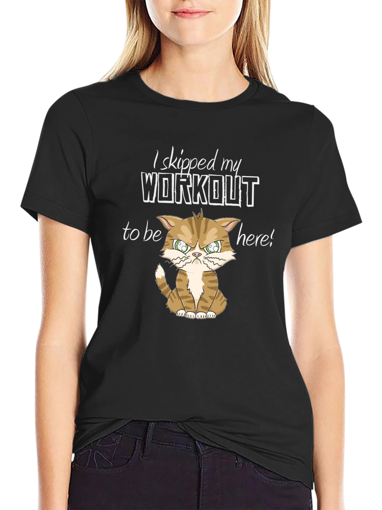 Black Skipped Workout Cat Graphic Tee -  Humorous Gym Shirt view 2