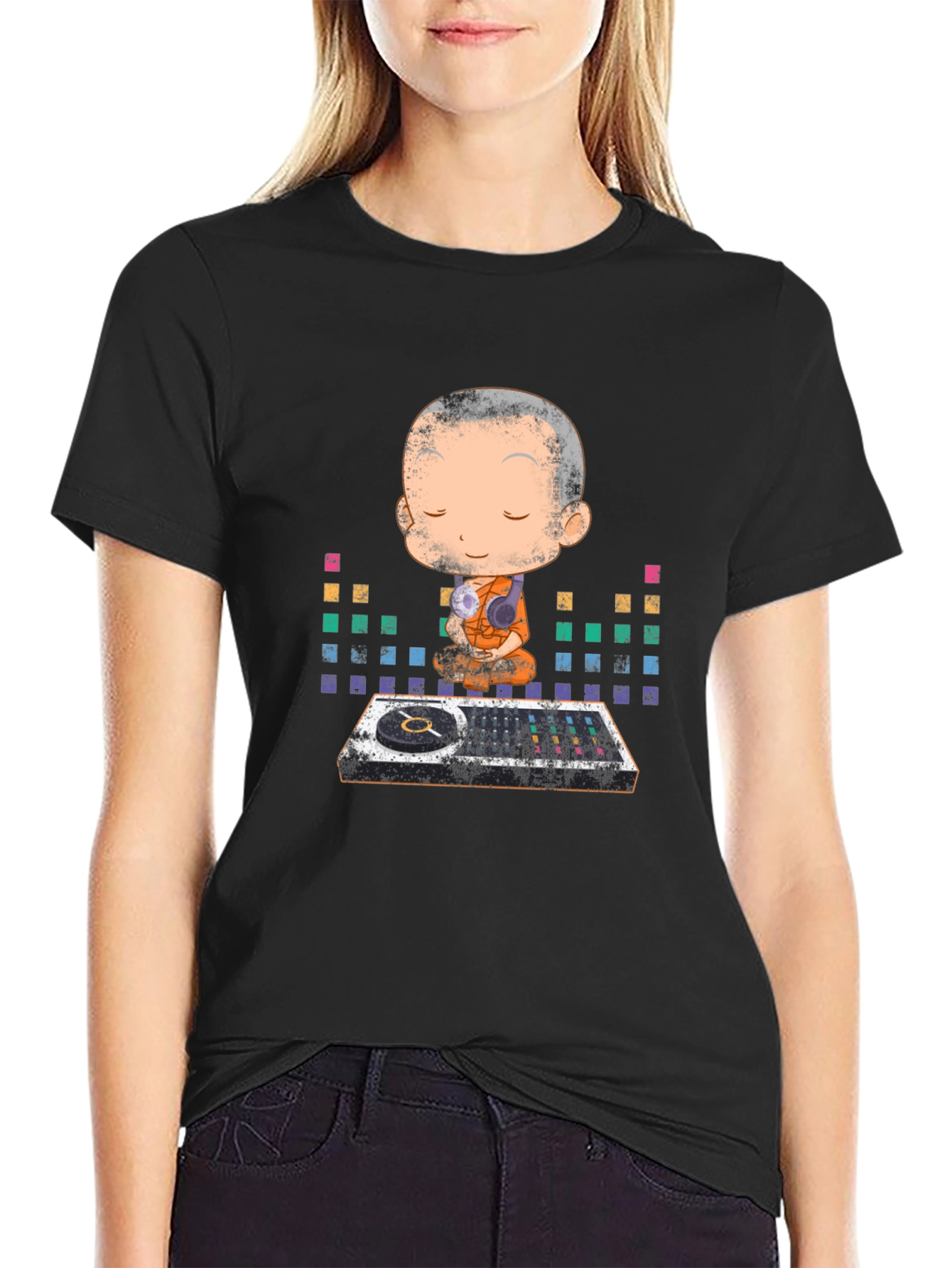 Black Zen DJ Monk Graphic T-Shirt - Meditation & Music view 2