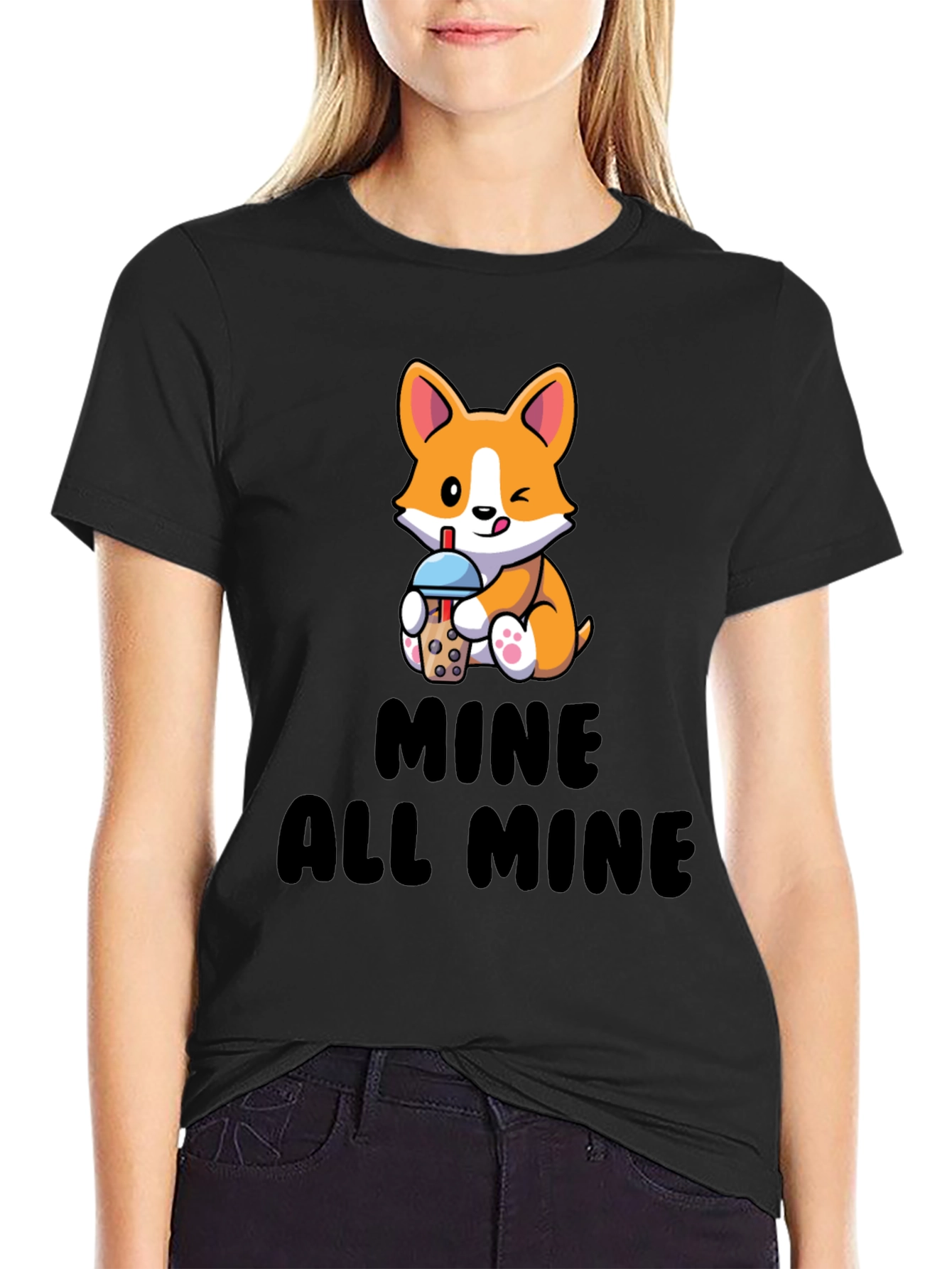 Black Cute Corgi Boba Tea T-Shirt - Mine All Mine view 2