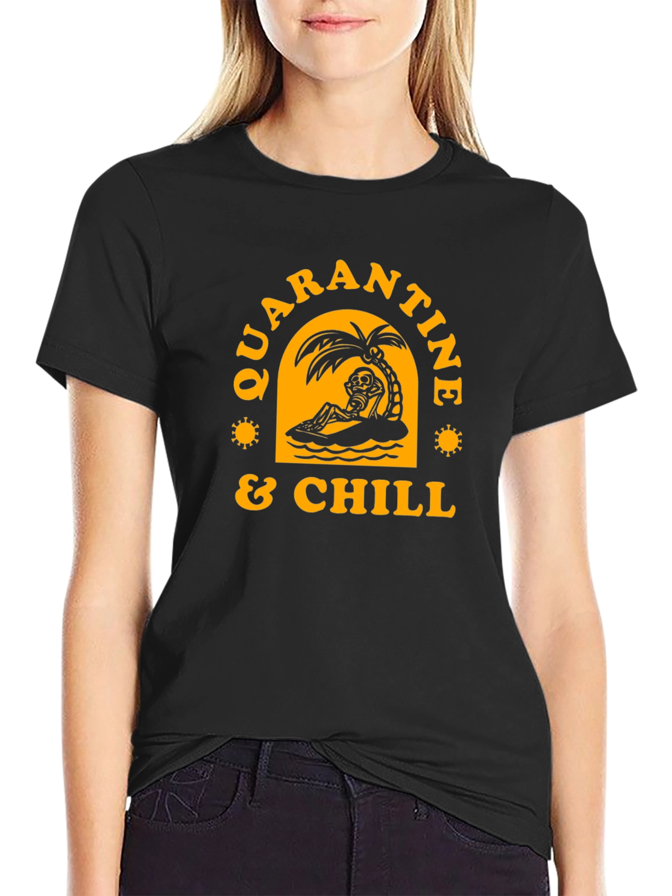 Black Quarantine & Chill Skeleton Graphic Tee view 2