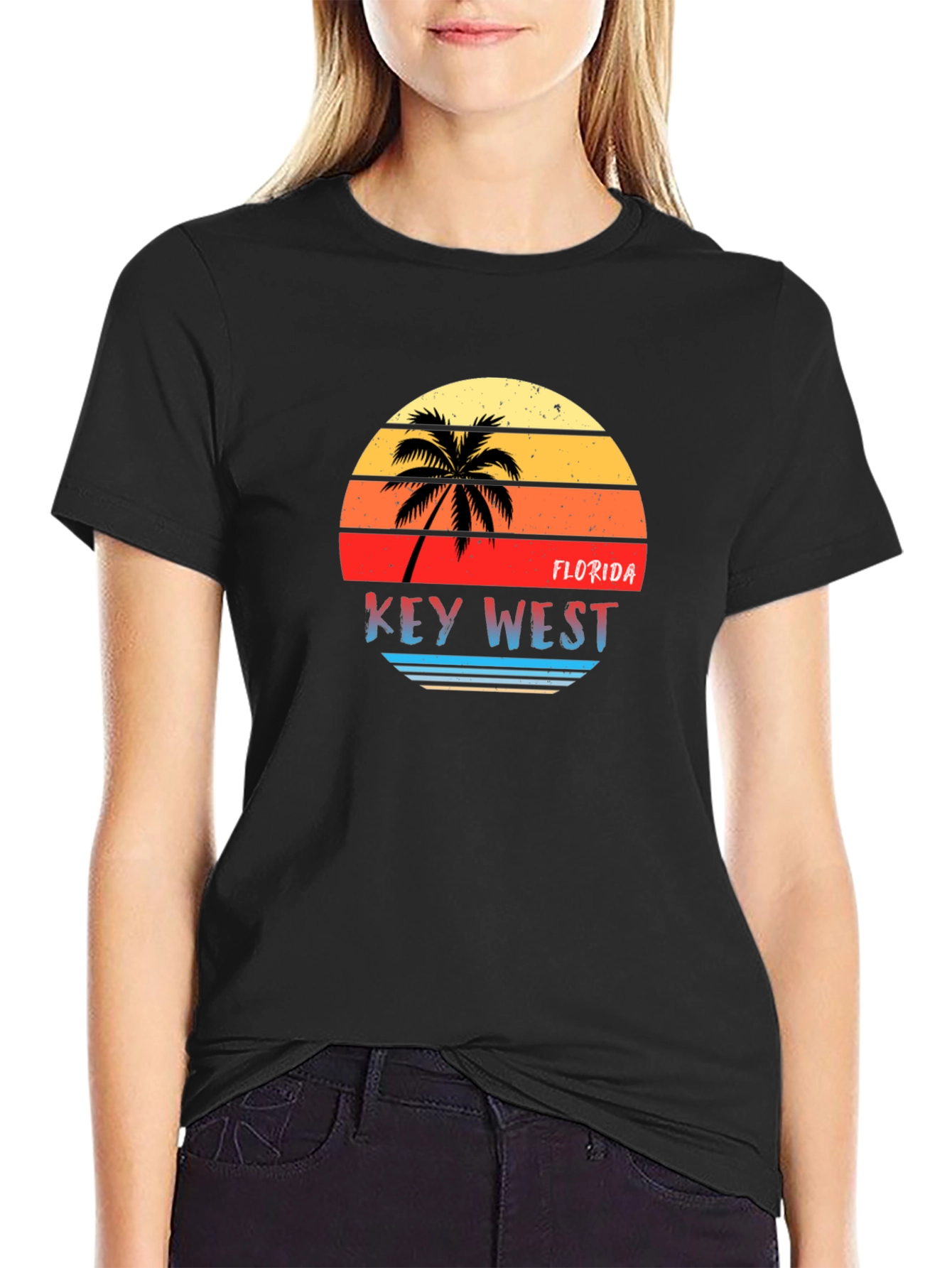 Black Key West Florida Retro Sunset Graphic T-Shirt view 2