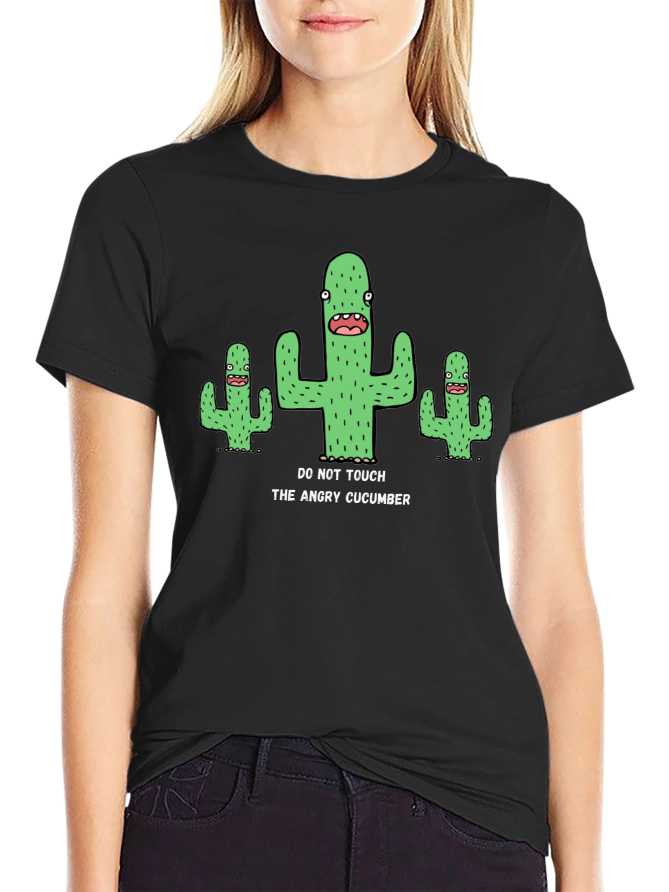 Black Funny "Angry Cucumber" Graphic Print Black T-Shirt view 2