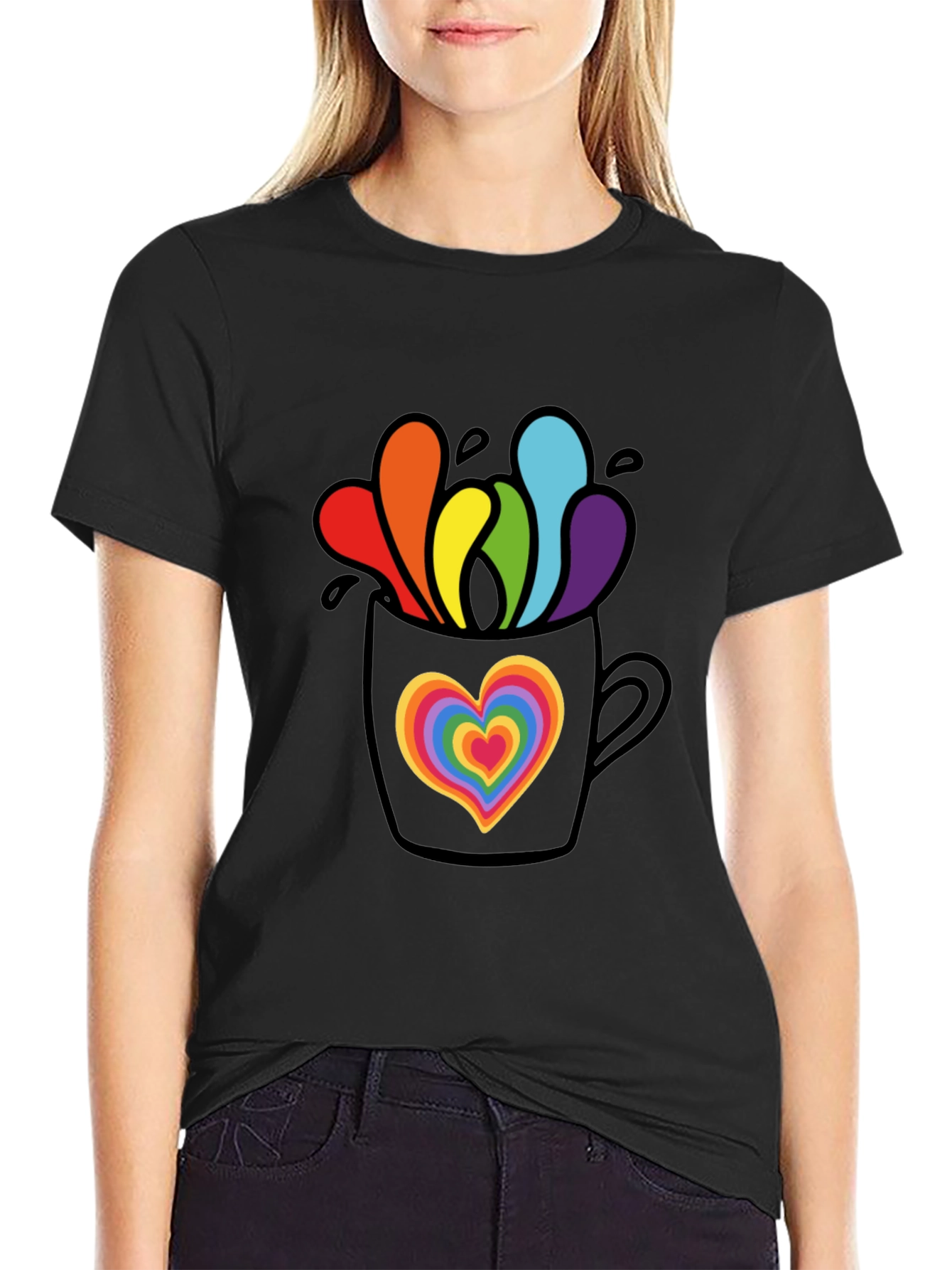 Black Rainbow Heart Mug Graphic Tee view 2