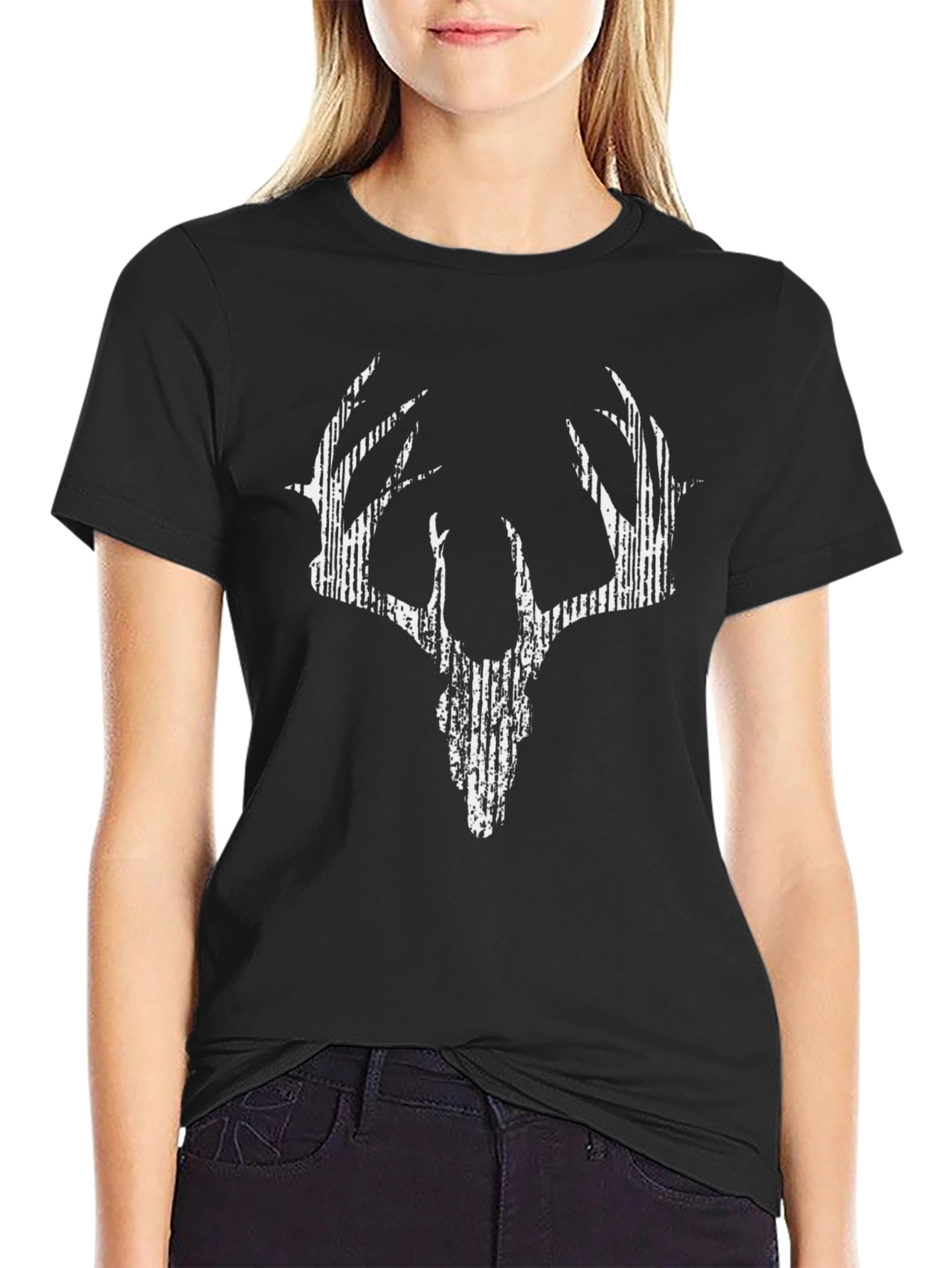 Black Graphic Deer Skull Print Tee - Casual Black T-Shirt view 2