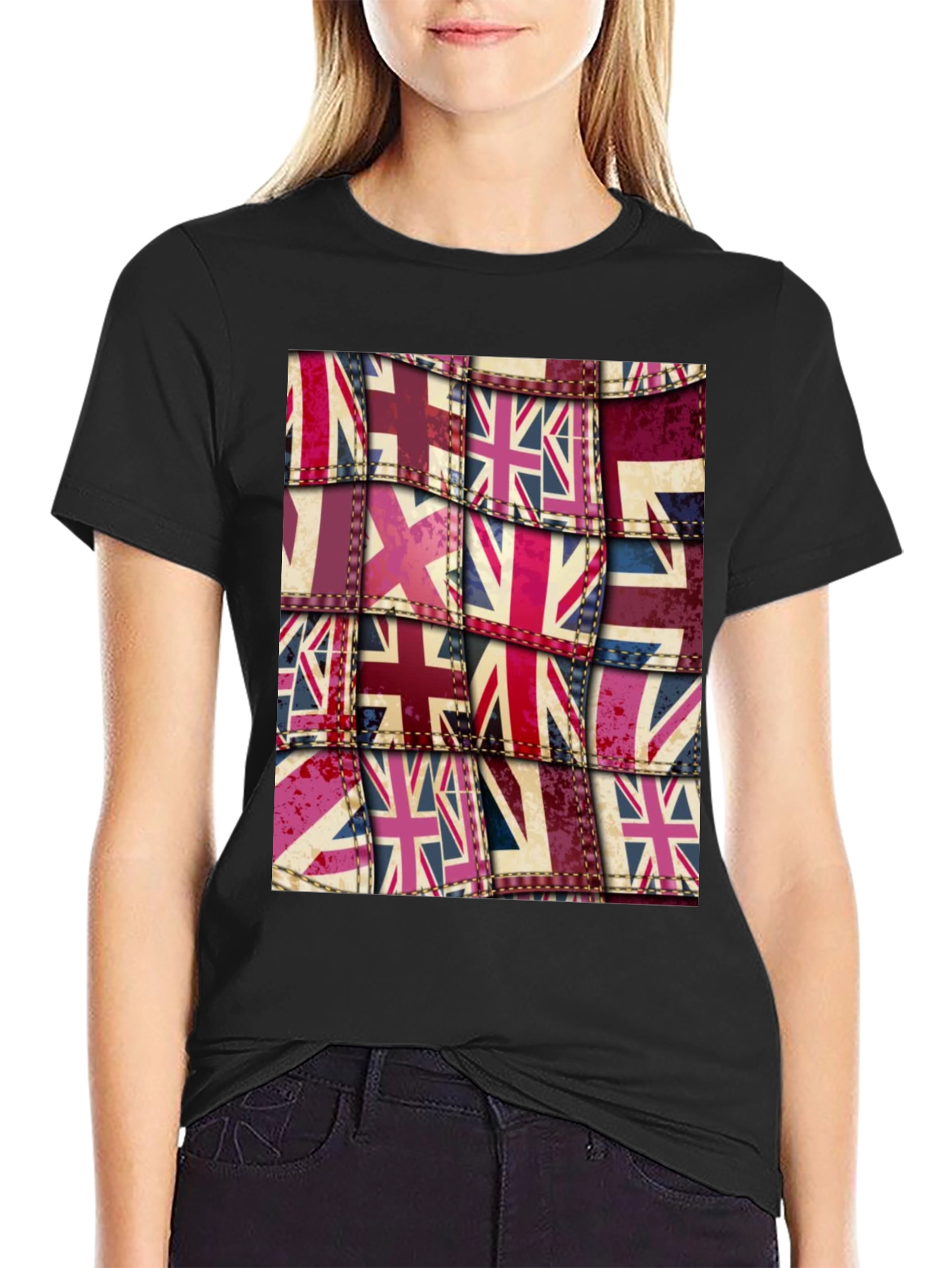 Black Union Jack Flag Patchwork Graphic Tee view 2