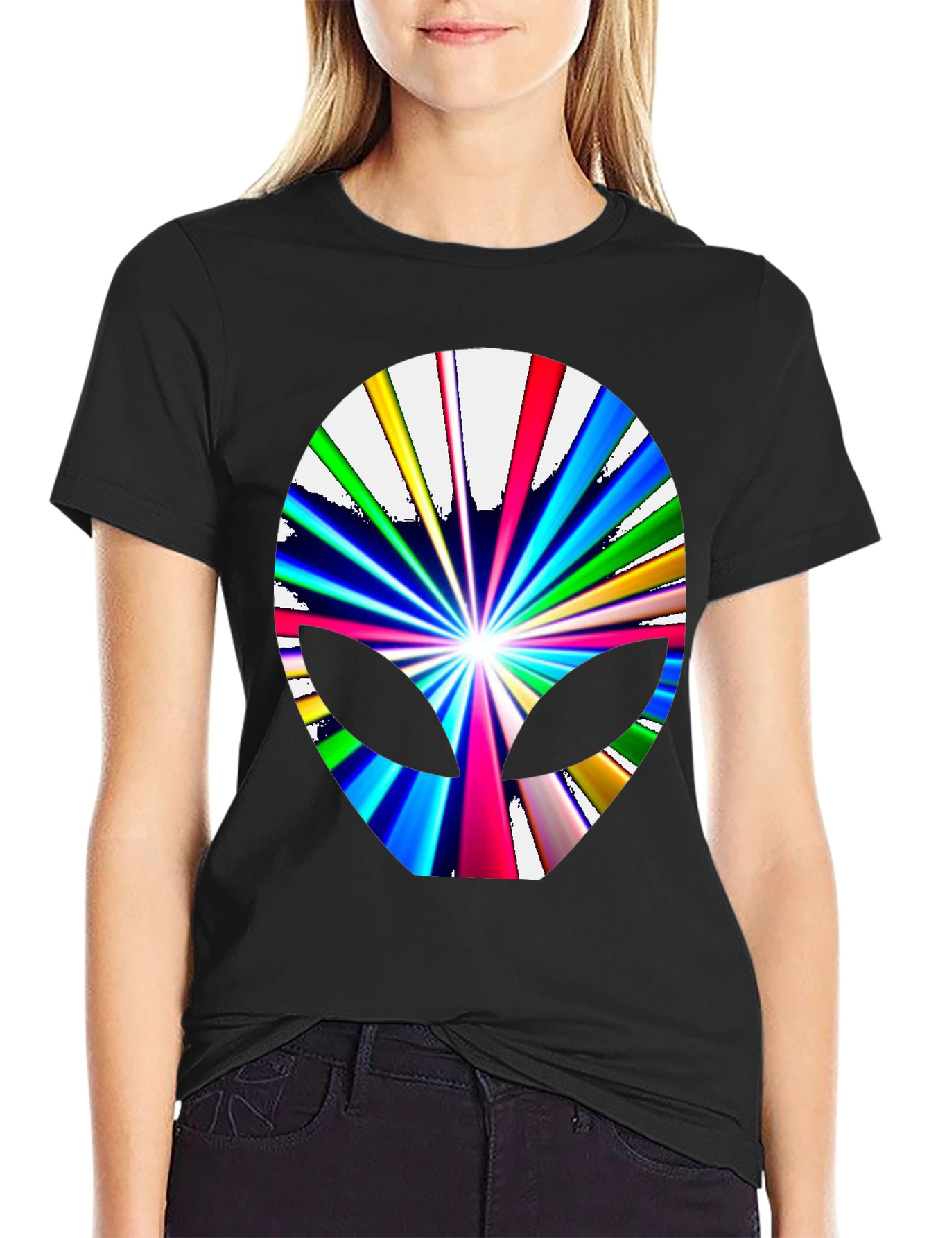 Black Retro Alien Head Graphic Tee - Black Cotton T-Shirt view 2