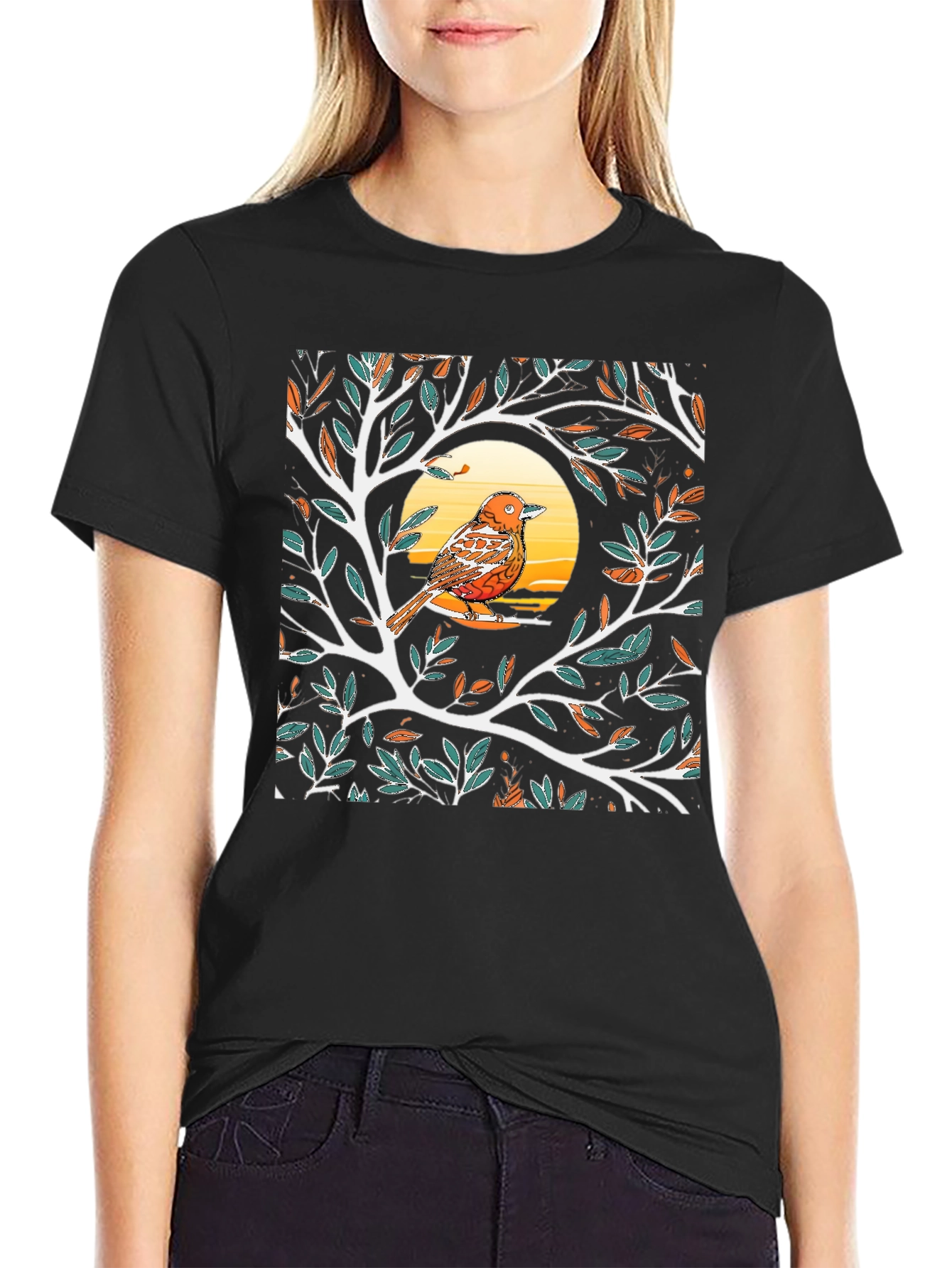 Black Bird on Branch Graphic Tee - Black Casual T-Shirt view 2