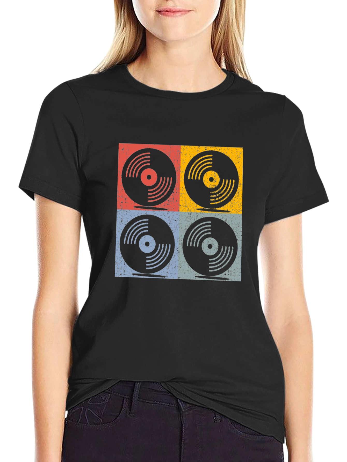 Black Retro Vinyl Record Graphic T-Shirt - Four Panel Design view 2