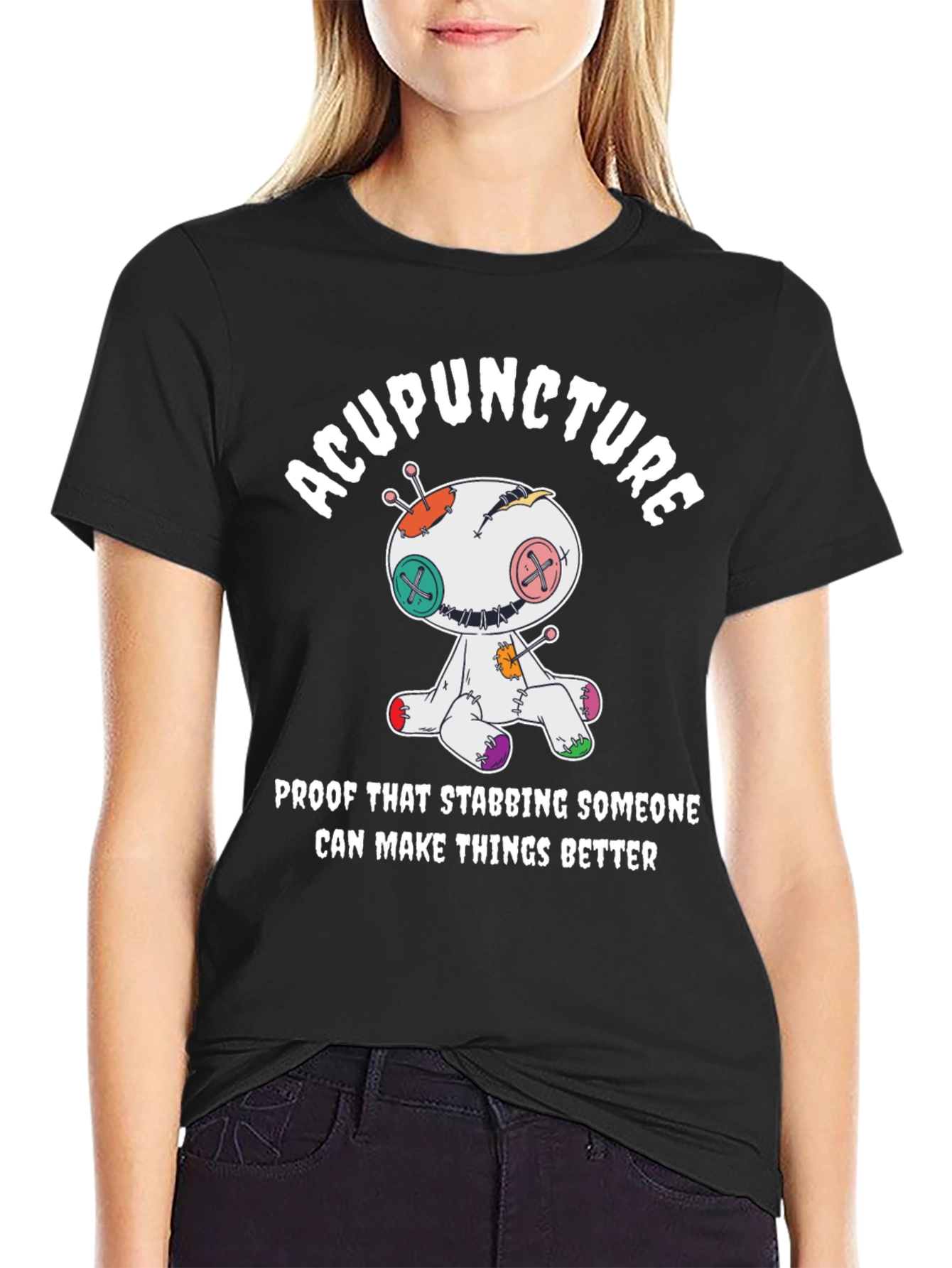 Black Acupuncture Voodoo Doll T-Shirt - Funny Healing Tee view 2